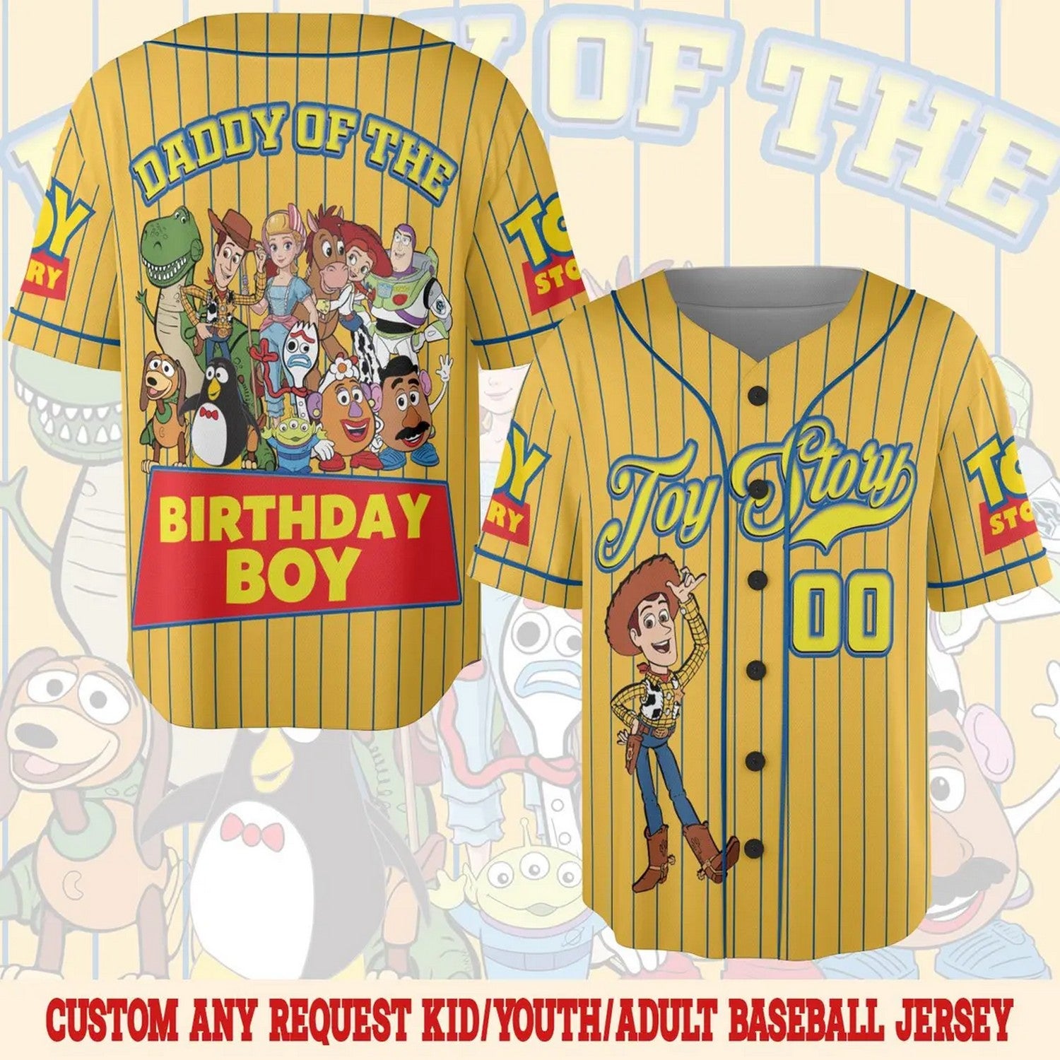 Custom Name And Number Disney Toy Story Woody And Characters Striped Yellow Baseball Jersey