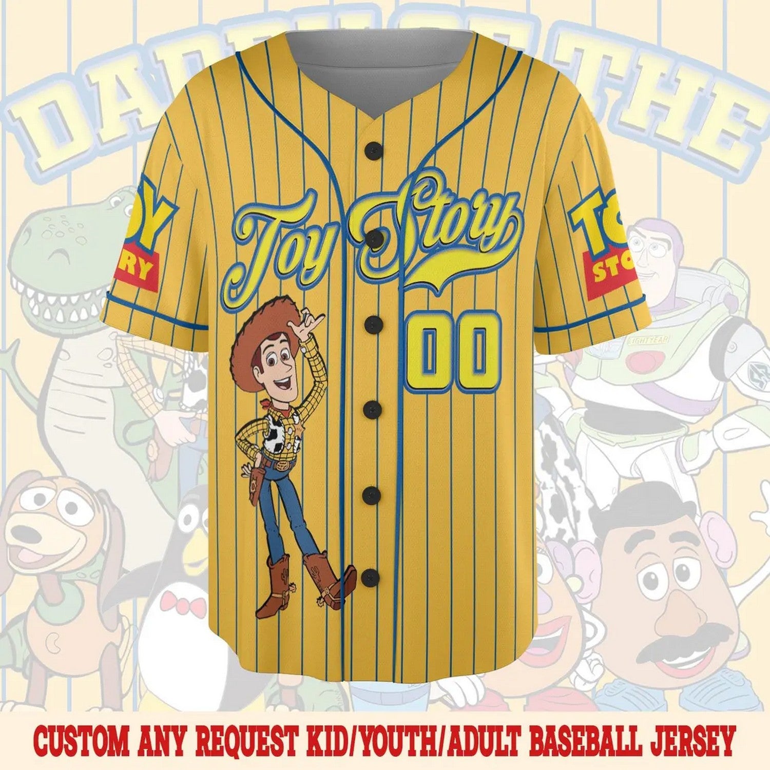 Custom Name And Number Disney Toy Story Woody And Characters Striped Yellow Baseball Jersey