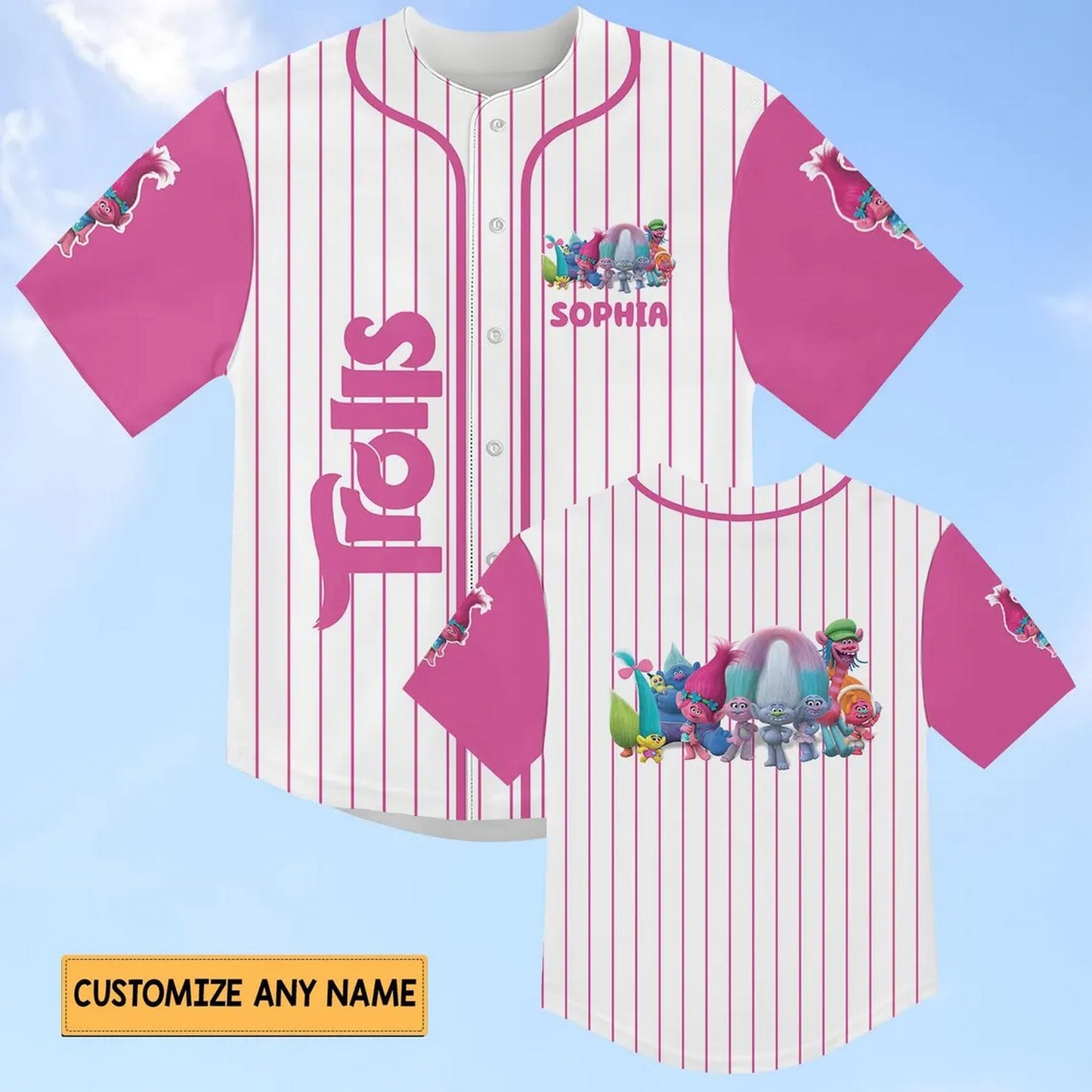 Custom Name And Number Disney Trolls Characters Striped Line Baseball Jersey