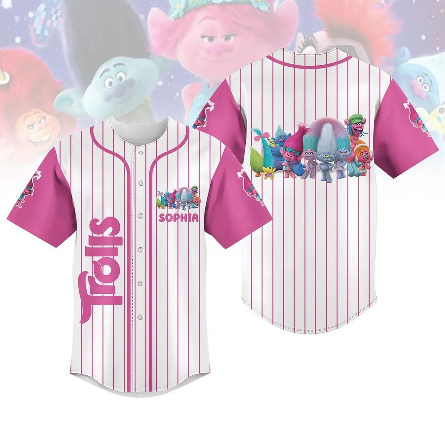 Custom Name And Number Disney Trolls Characters Striped Line Baseball Jersey