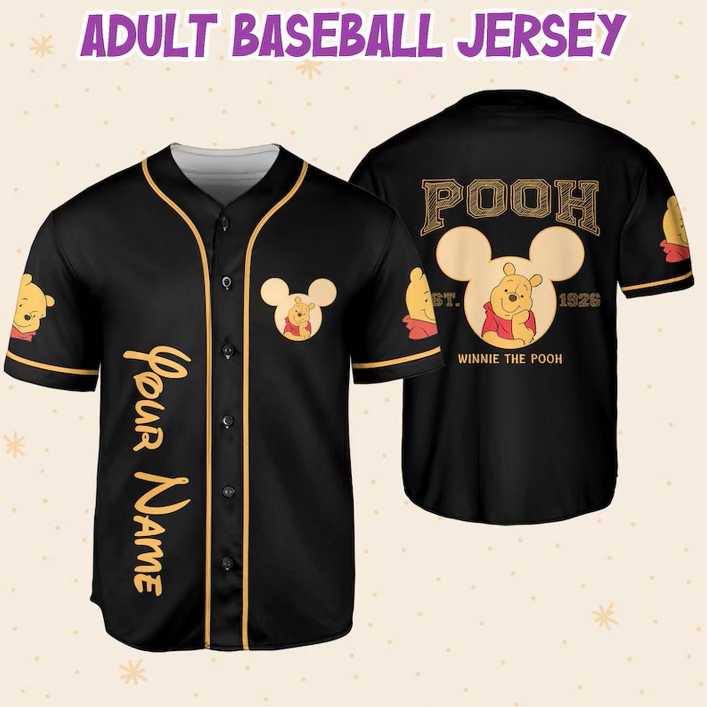 Custom Name And Number Disney Winnie The Pooh Black Baseball Jersey