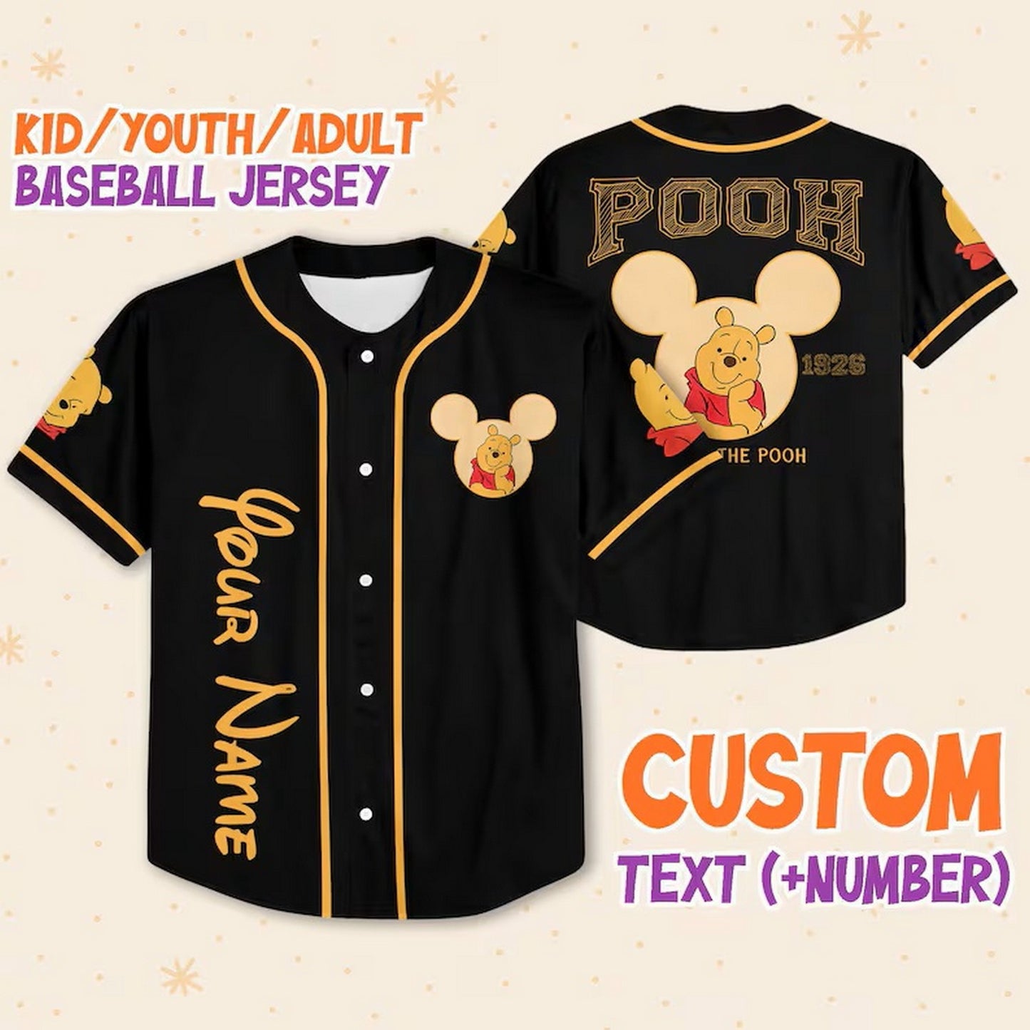 Custom Name And Number Disney Winnie The Pooh Black Baseball Jersey