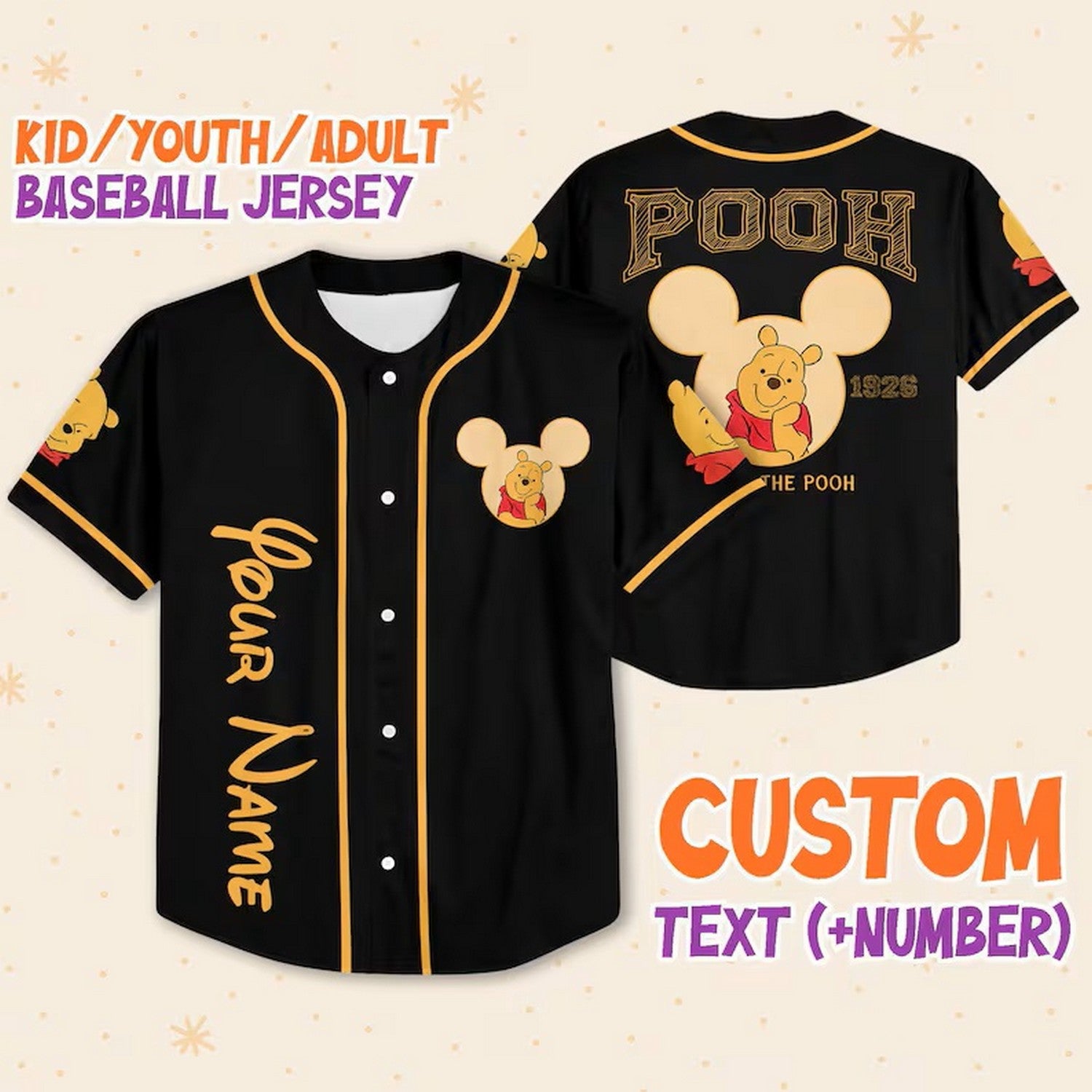 Custom Name And Number Disney Winnie The Pooh Black Baseball Jersey