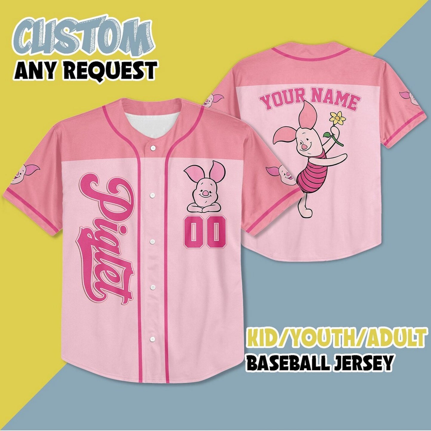 Custom Name And Number Disney Winnie The Pooh Piglet Pink Baseball Jersey