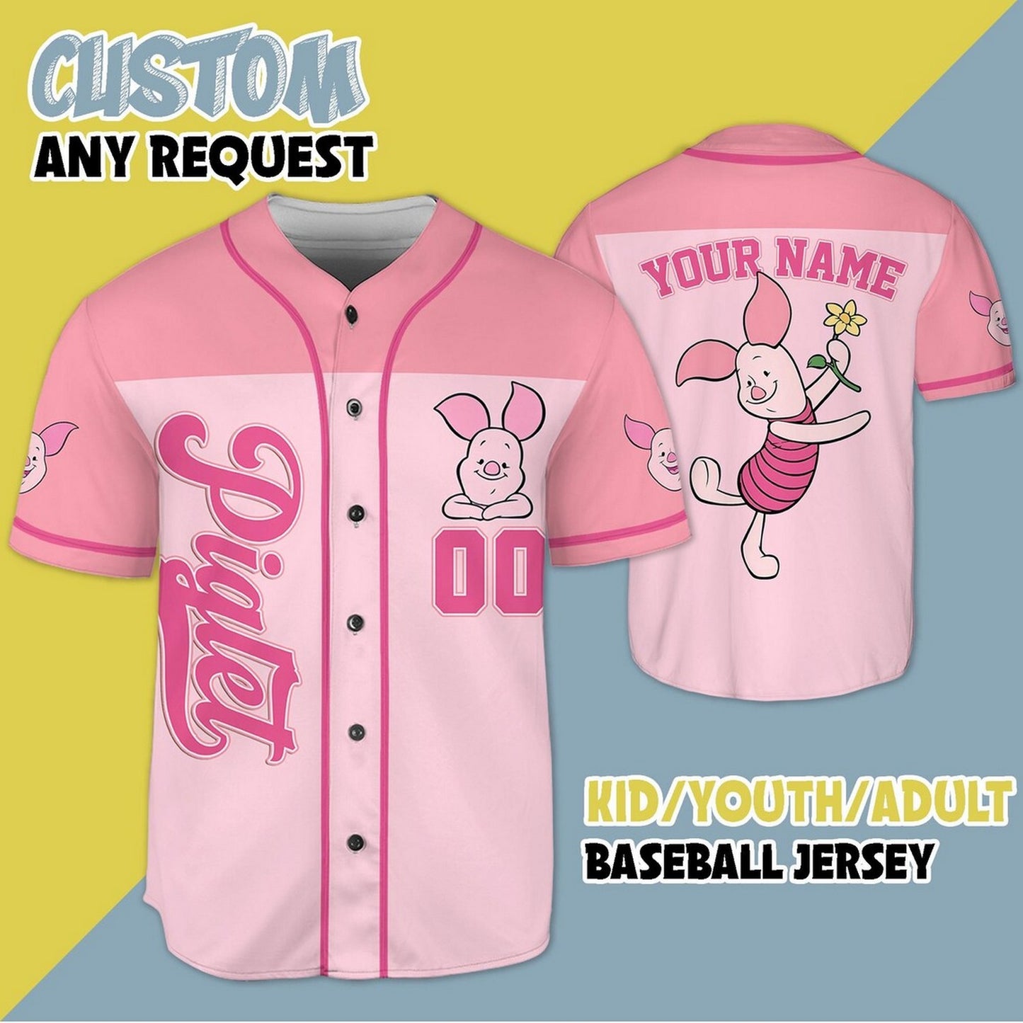 Custom Name And Number Disney Winnie The Pooh Piglet Pink Baseball Jersey
