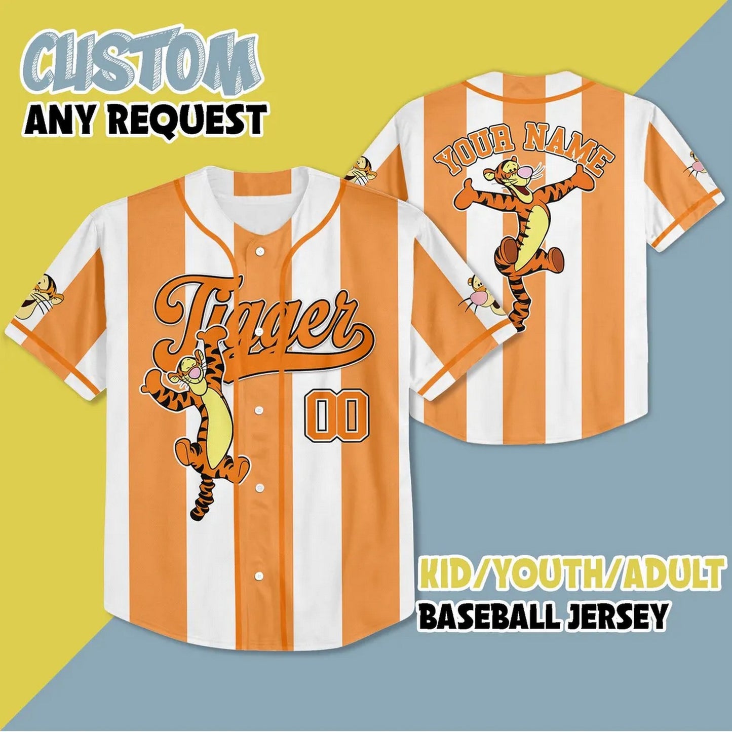 Custom Name And Number Disney Winnie The Pooh Tigger Orange Vertical Baseball Jersey