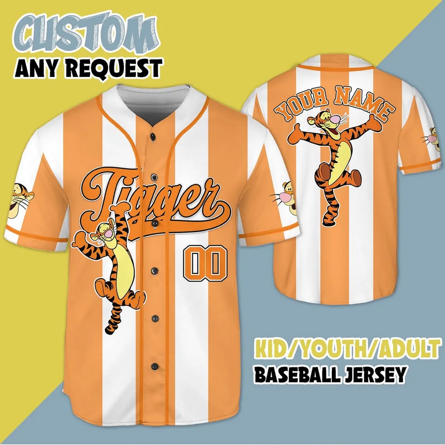 Custom Name And Number Disney Winnie The Pooh Tigger Orange Vertical Baseball Jersey