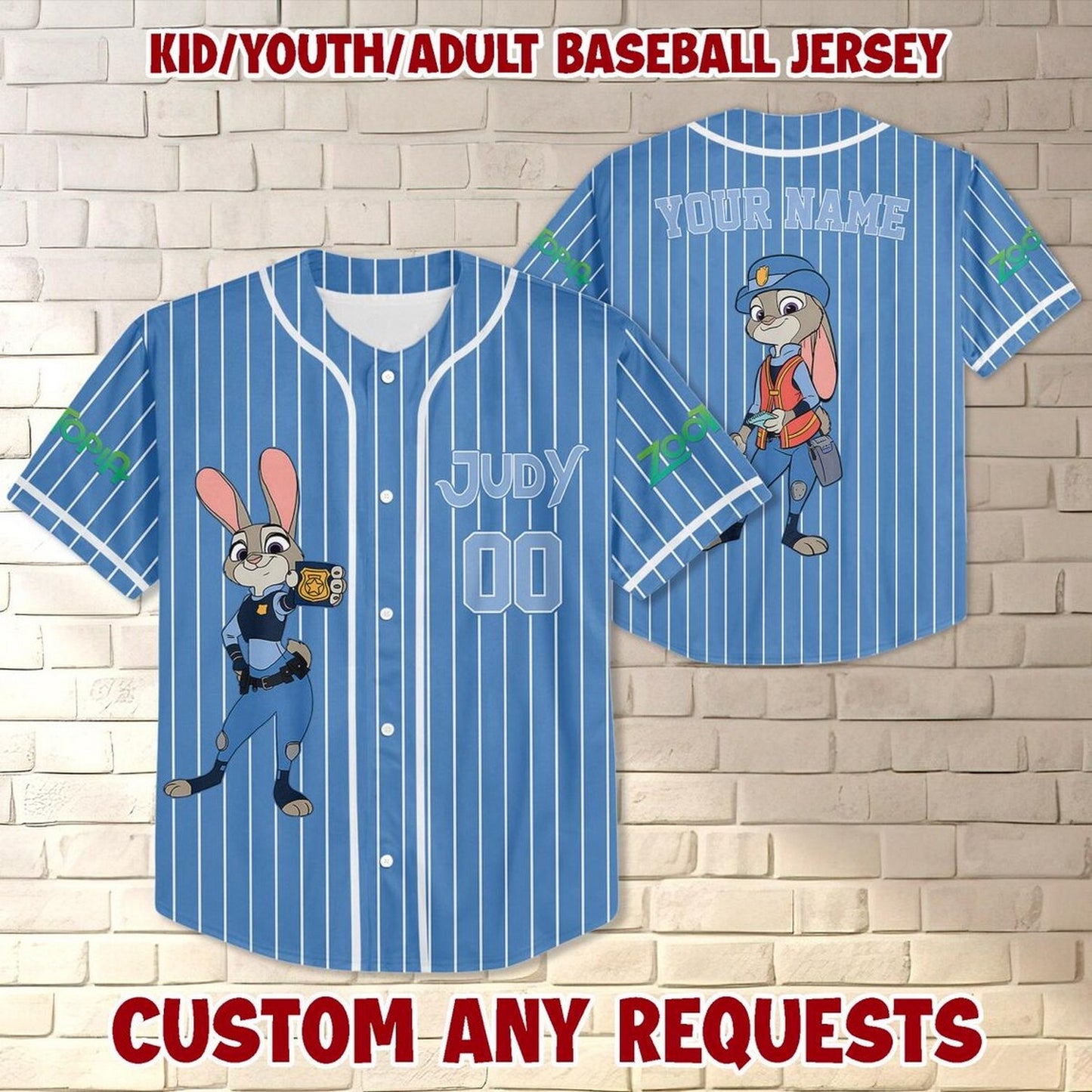 Custom Name And Number Disney Zootopia Judy Hopps Striped Blue Baseball Jersey