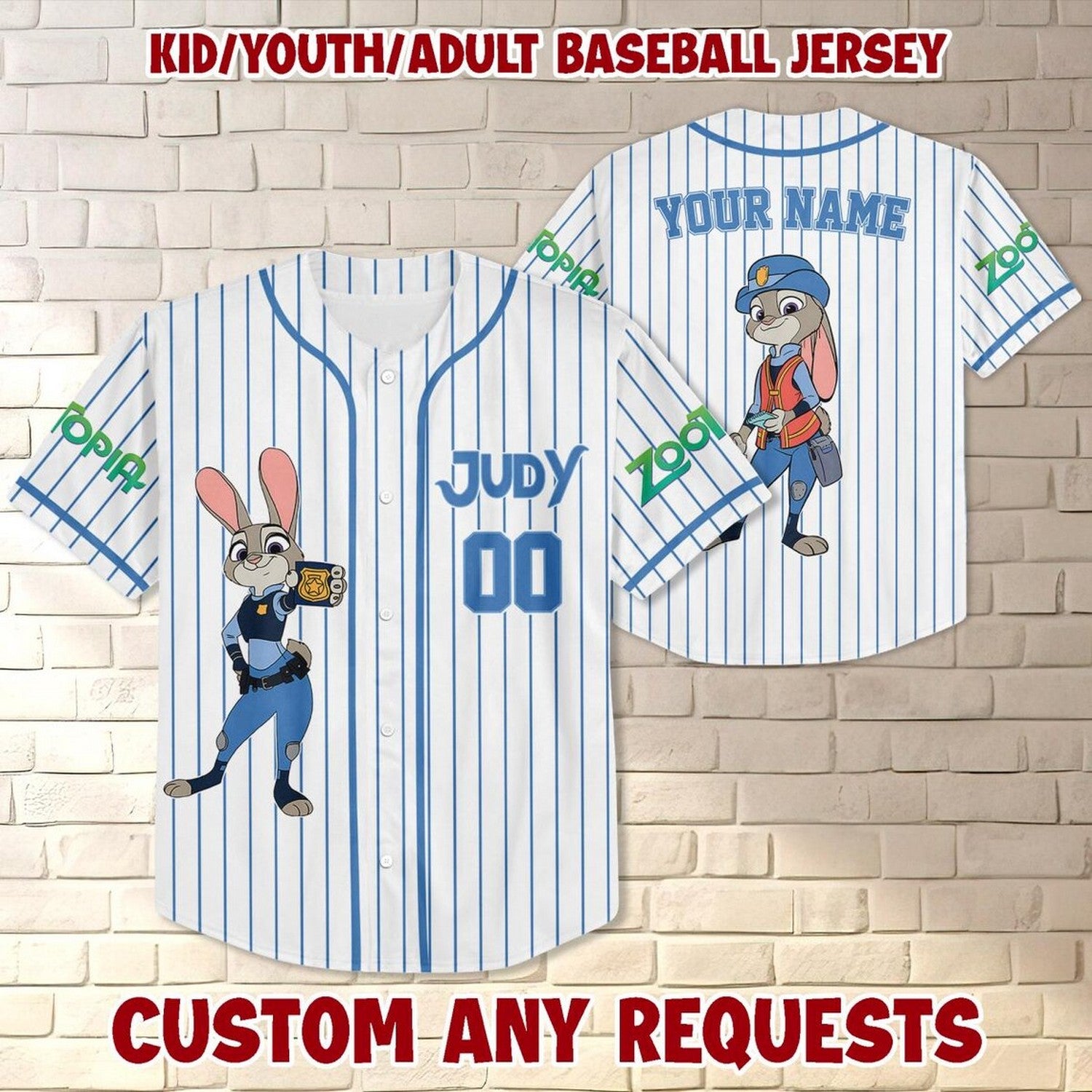 Custom Name And Number Disney Zootopia Judy Hopps Striped White Baseball Jersey