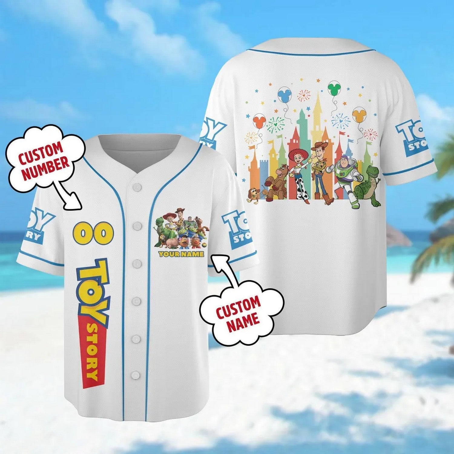 Custom Name And Number Disneyland Toy Story Characters Simple White Baseball Jersey
