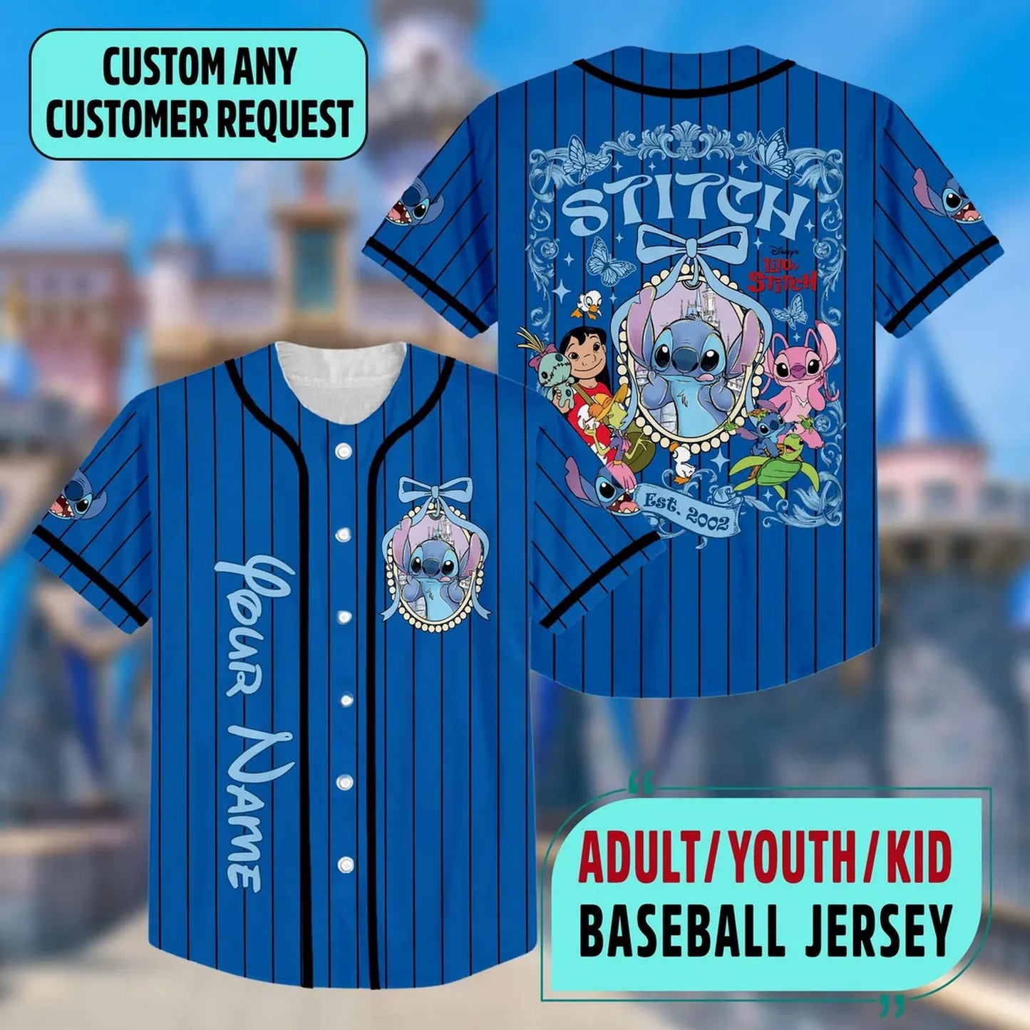 Custom Name And Number Lilo And Stitch Coquette Bows Striped Blue Baseball Jersey