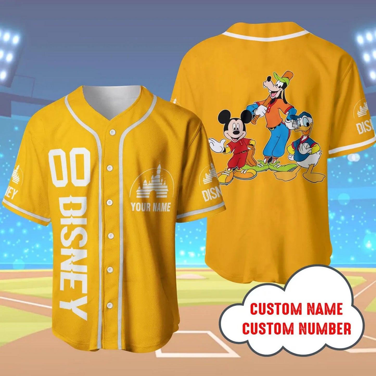 Custom Name And Number Mickey Donald Goofy Orange Baseball Jersey
