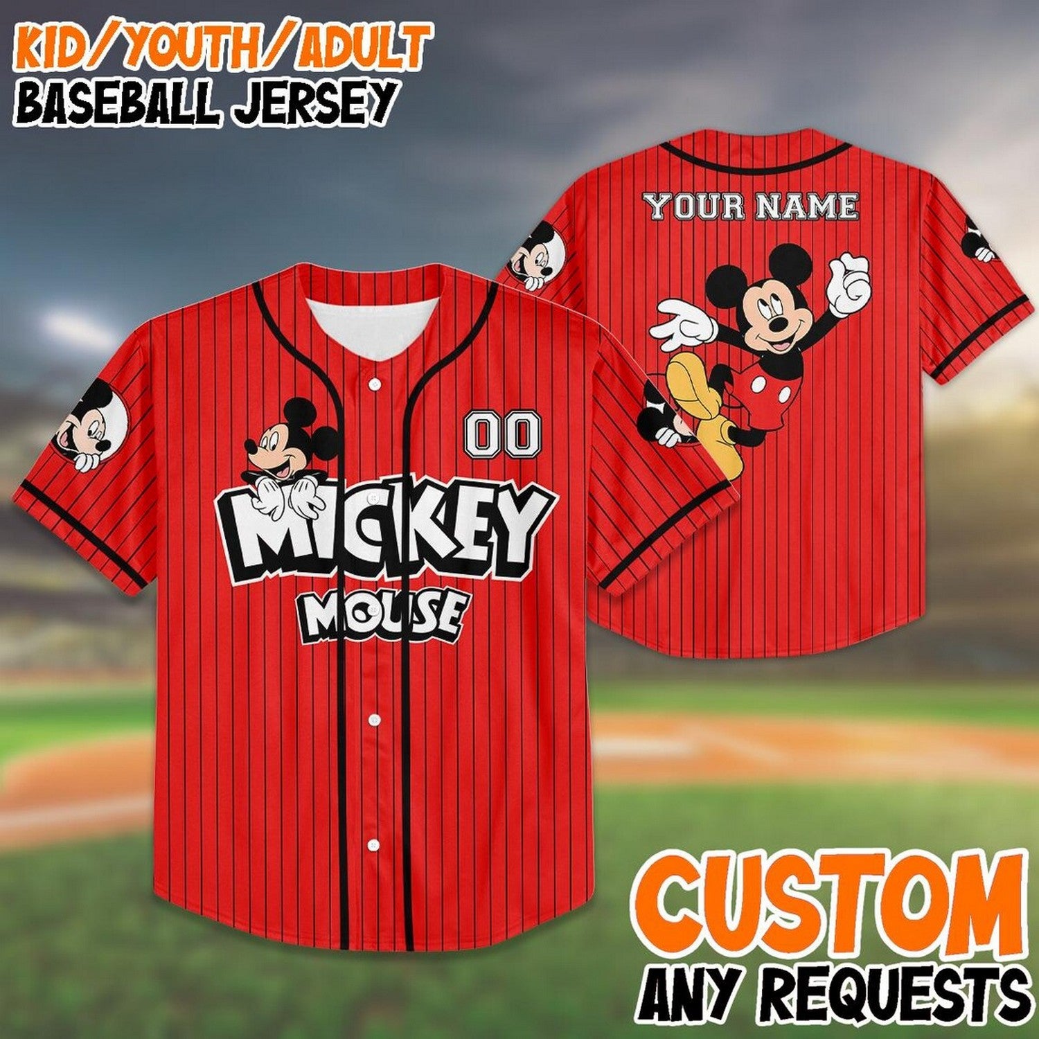 Custom Name And Number Mickey Mouse Stipes Red Baseball Jersey