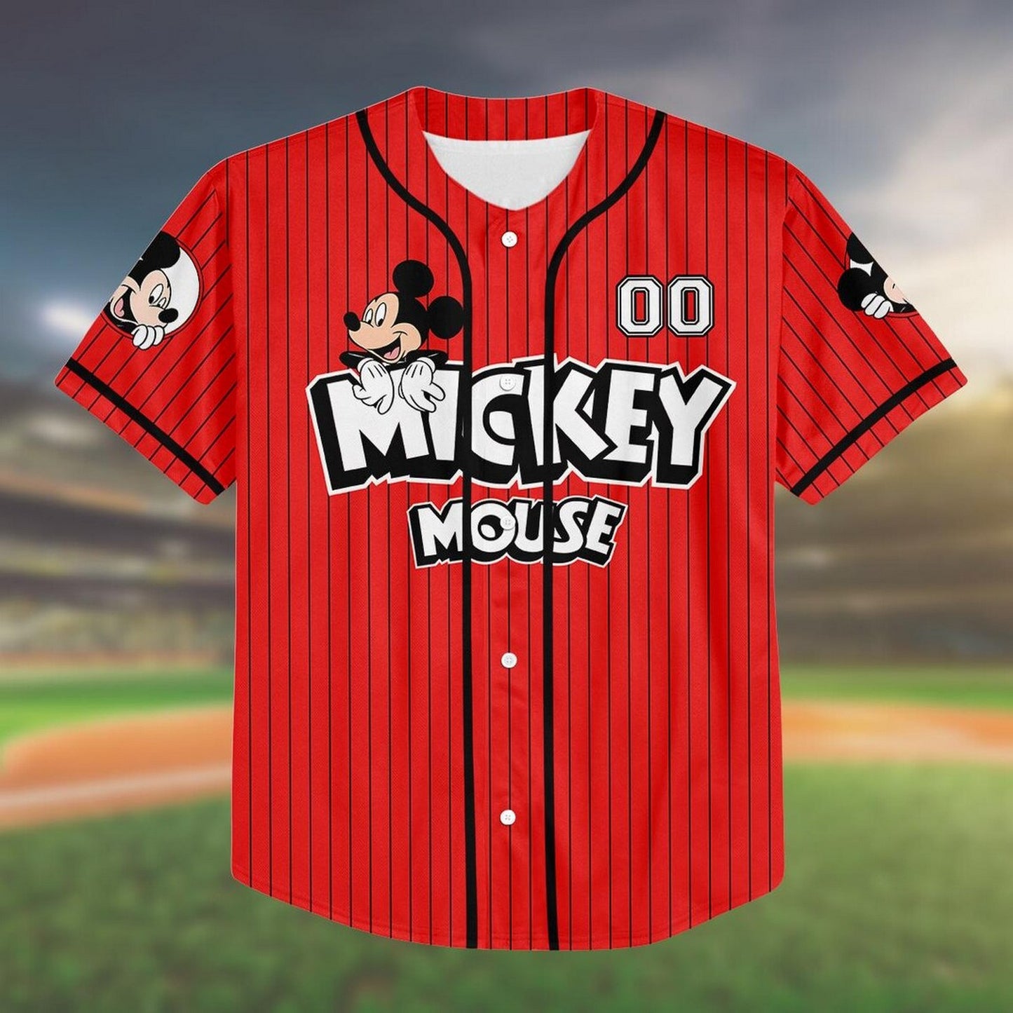 Custom Name And Number Mickey Mouse Stipes Red Baseball Jersey