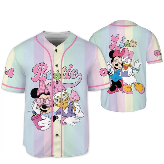 Custom Name And Number Minnie And Daisy Bestie Pastel Baseball Jersey