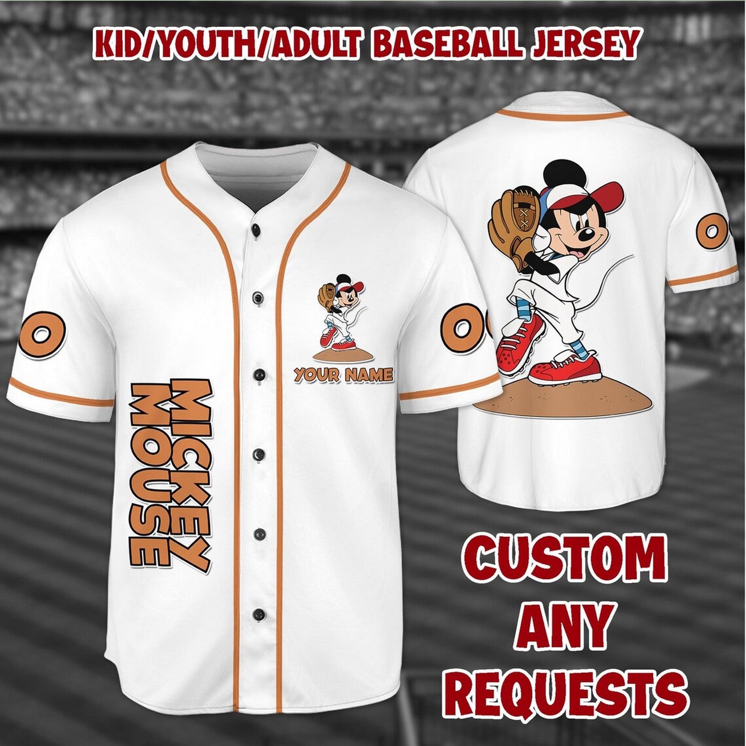 Custom Name And Number Sporty Mickey Simple White Baseball Jersey