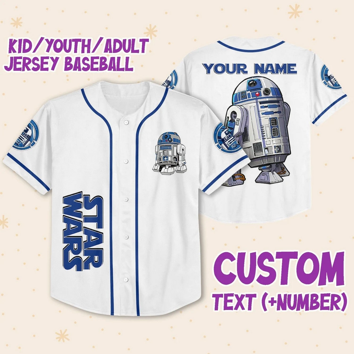 Custom Name And Number Star Wars Astromech Droid R2 D2 Simple White Baseball Jersey