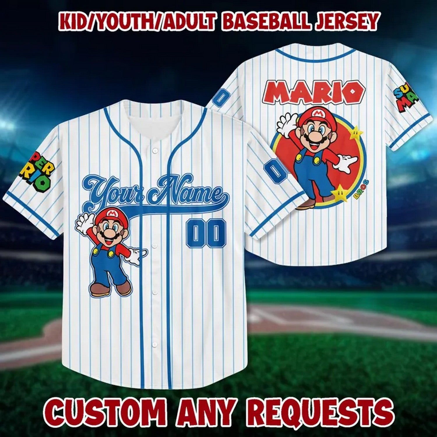 Custom Name And Number Super Mario Blue Stripes White Baseball Jersey