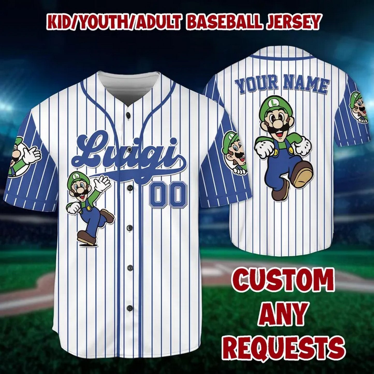Custom Name And Number Super Mario Luigi Blue Baseball Jersey