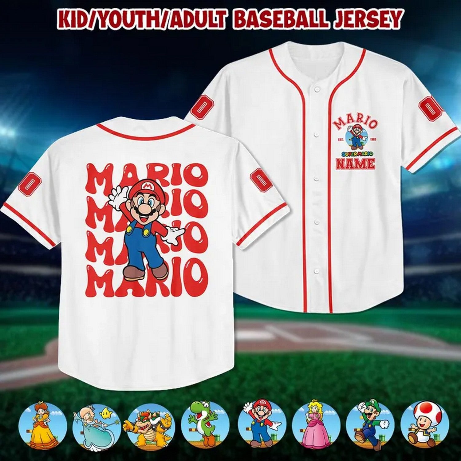 Custom Name And Number Super Mario Simple White Baseball Jersey