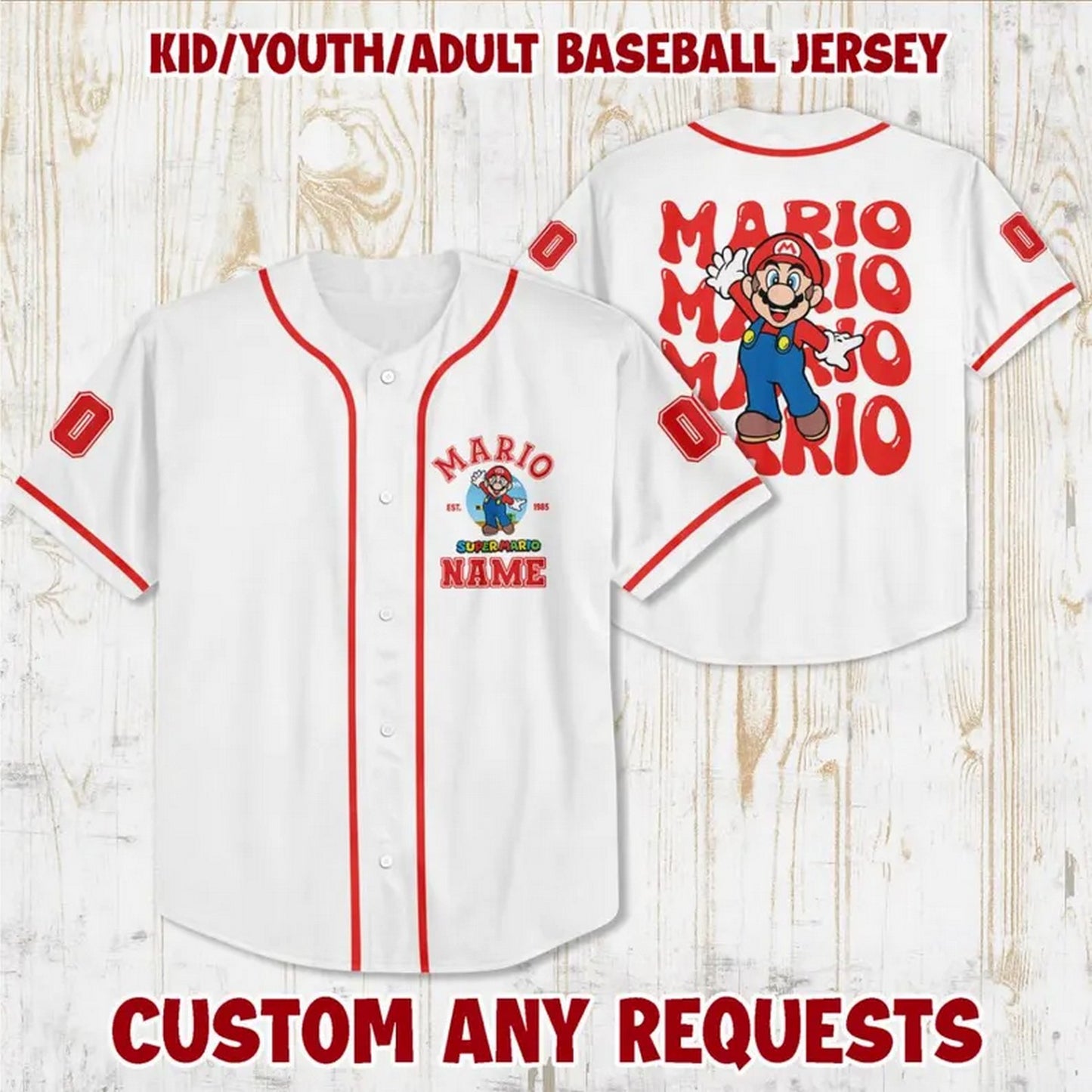 Custom Name And Number Super Mario Simple White Baseball Jersey