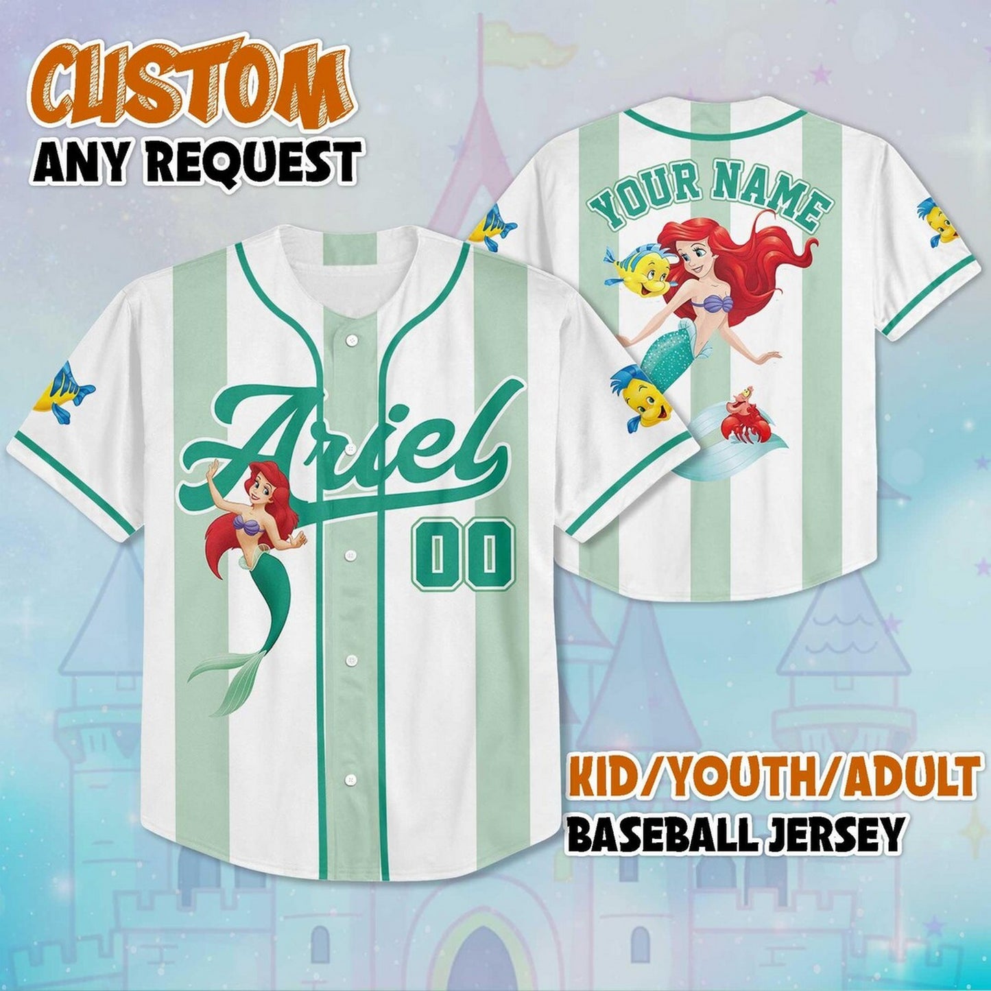 Custom Name And Number The Little Mermaid Princess Ariel Cartoon Green White Baseball Jersey