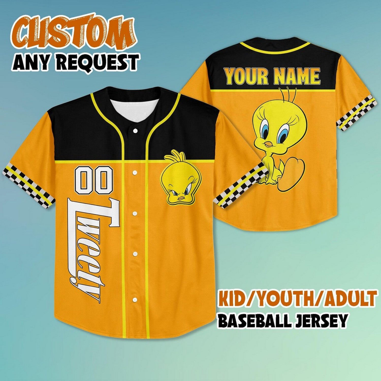 Custom Name And Number Tweety Looney Tunes Baseball Jersey