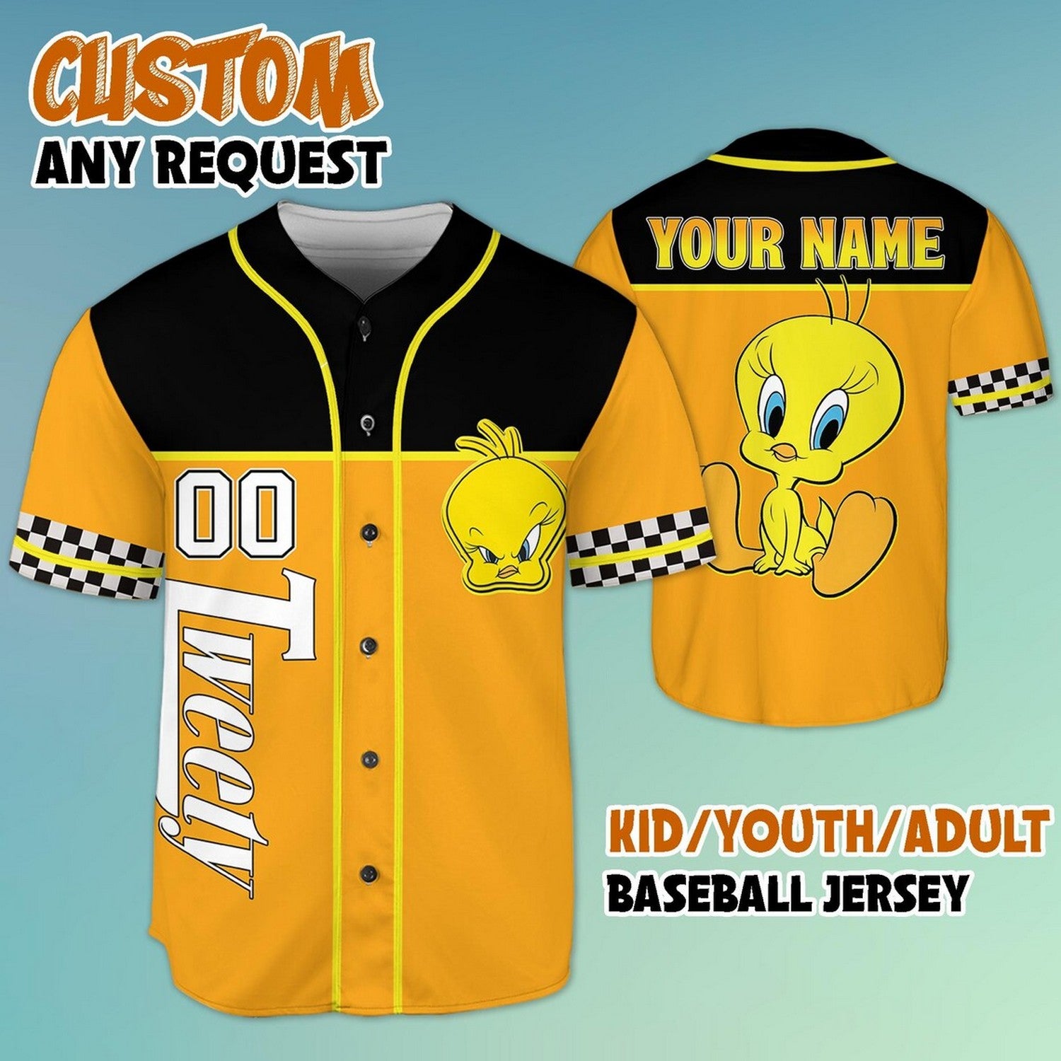 Custom Name And Number Tweety Looney Tunes Baseball Jersey