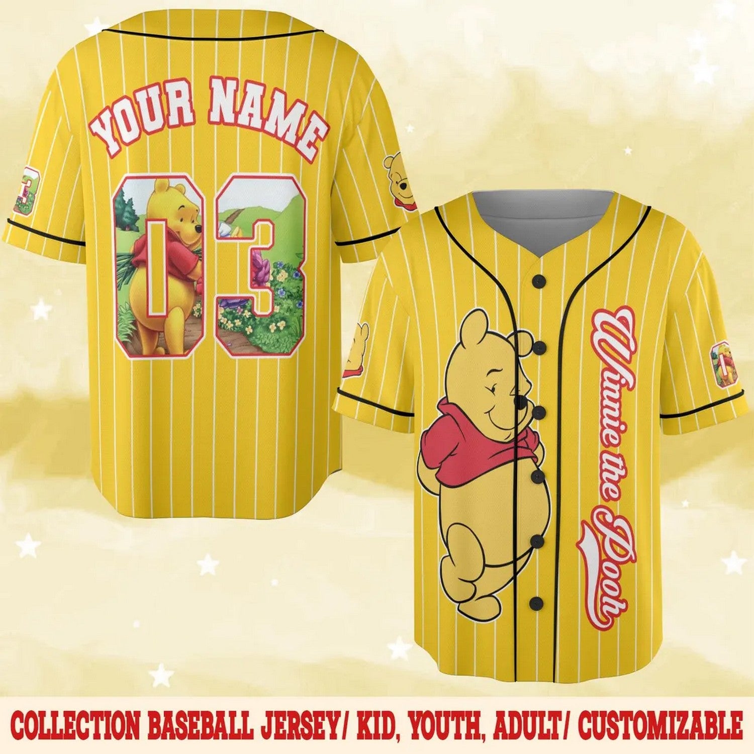 Custom Name And Number Winnie The Pooh Bear Yellow Baseball Jersey