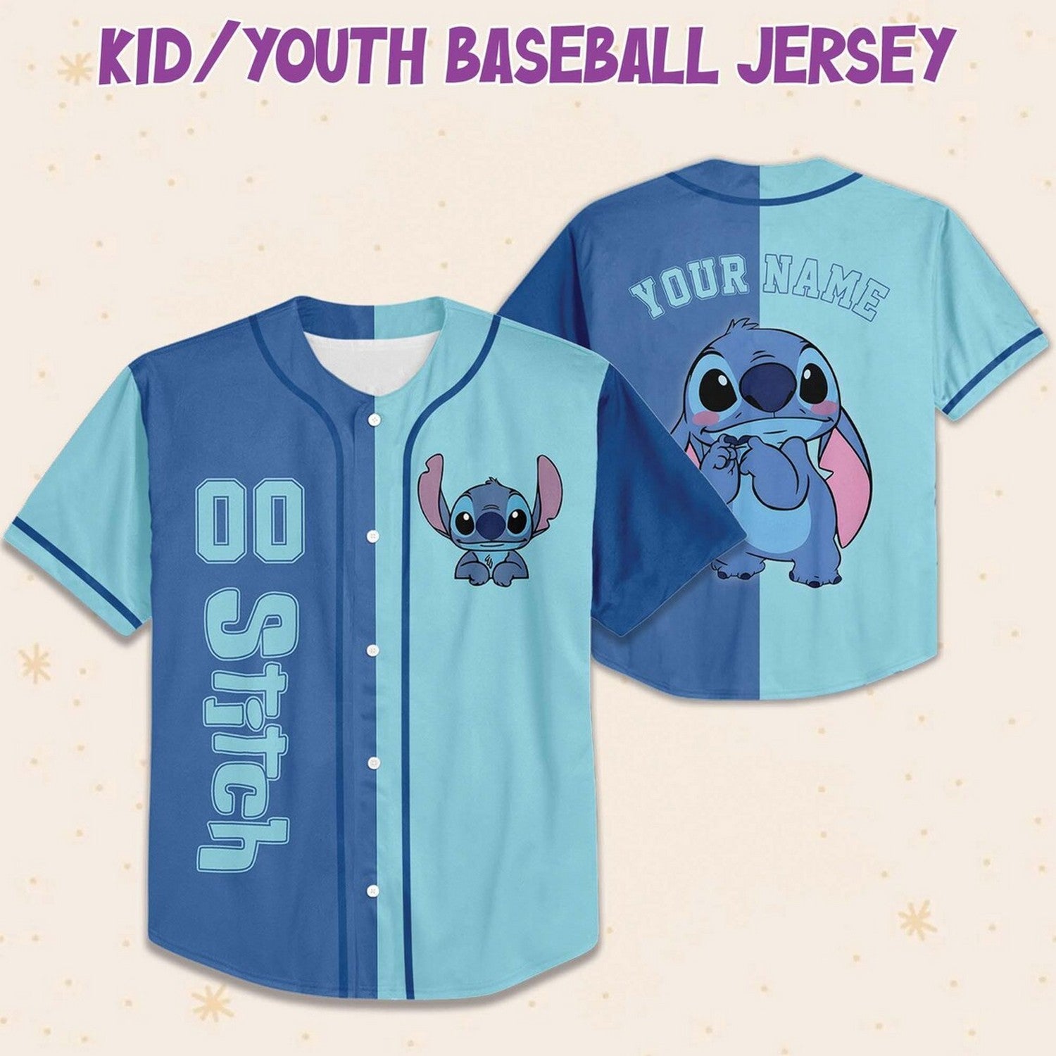 Custom Name Cute Disney Stitch Blue Ocean And Sky Baseball Jersey