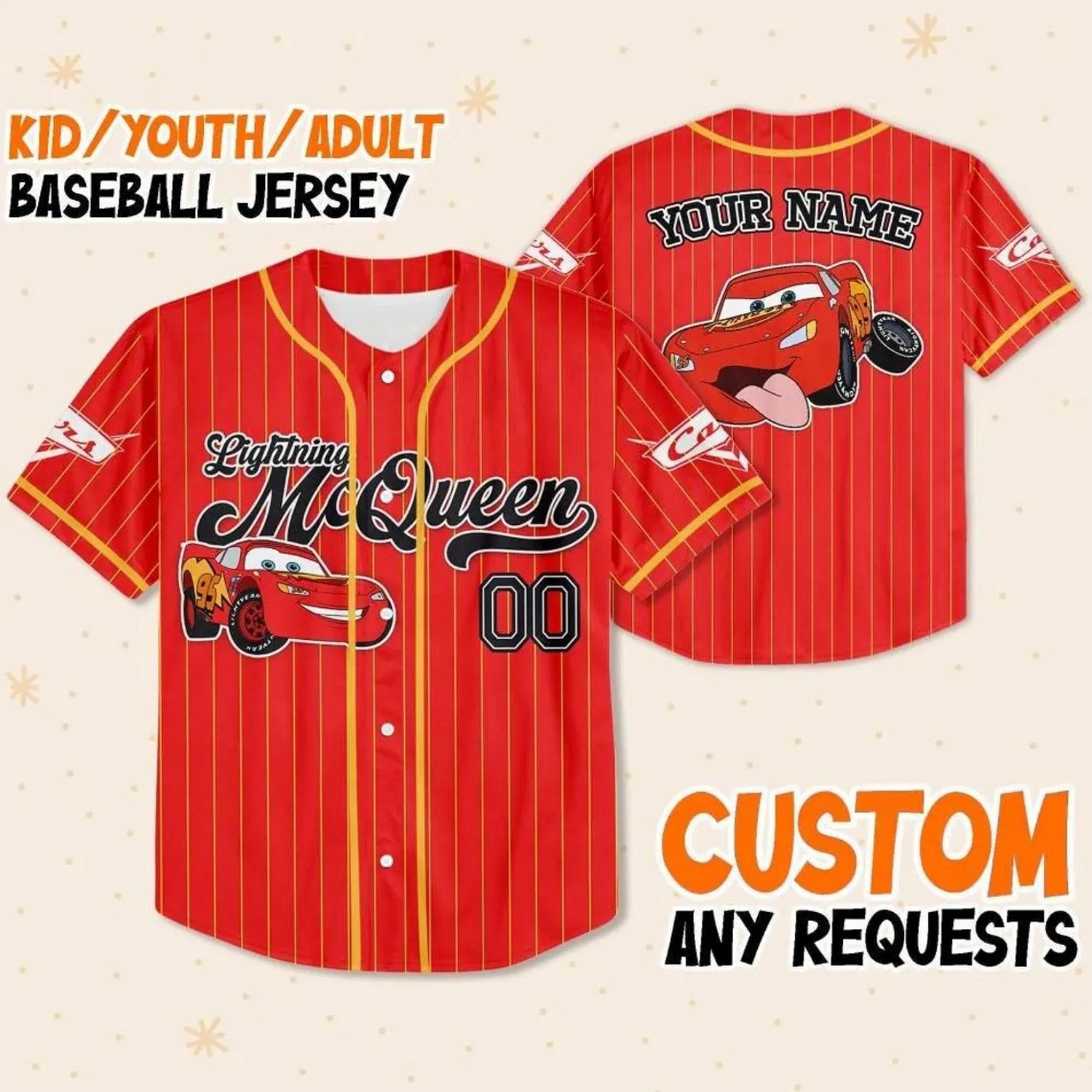 Custom Name Disney Cars Lightning Mc Queen Red Simple Baseball Jersey