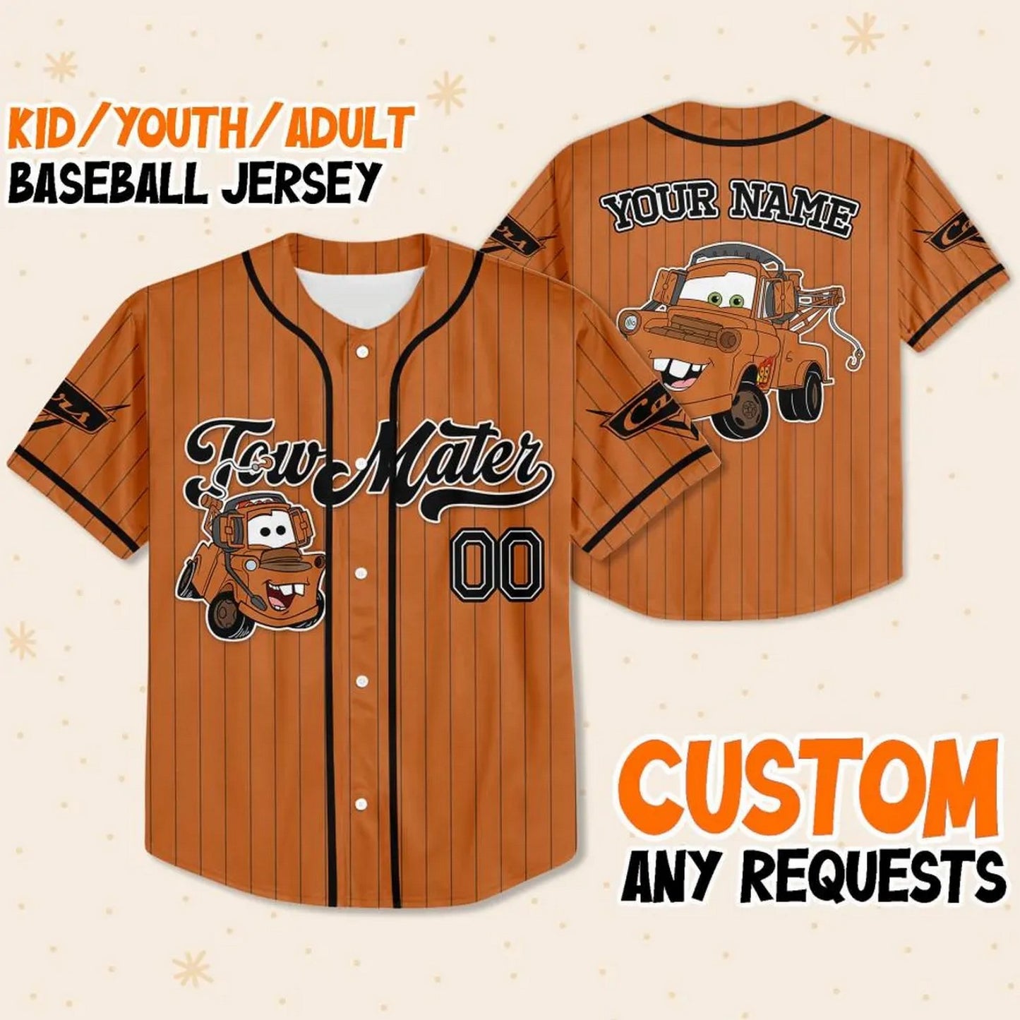 Custom Name Disney Cars Lightning Tow Mater Brown Simple Baseball Jersey