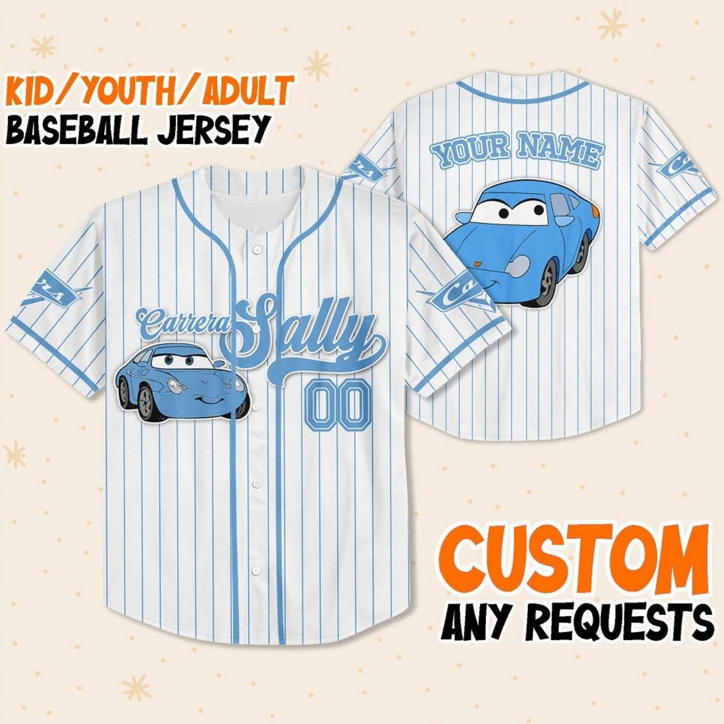 Custom Name Disney Cars Sally Carena White Simple Baseball Jersey