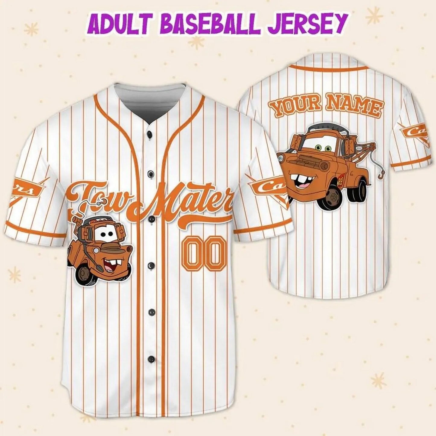 Custom Name Disney Cars Tow Matter White Simple Baseball Jersey