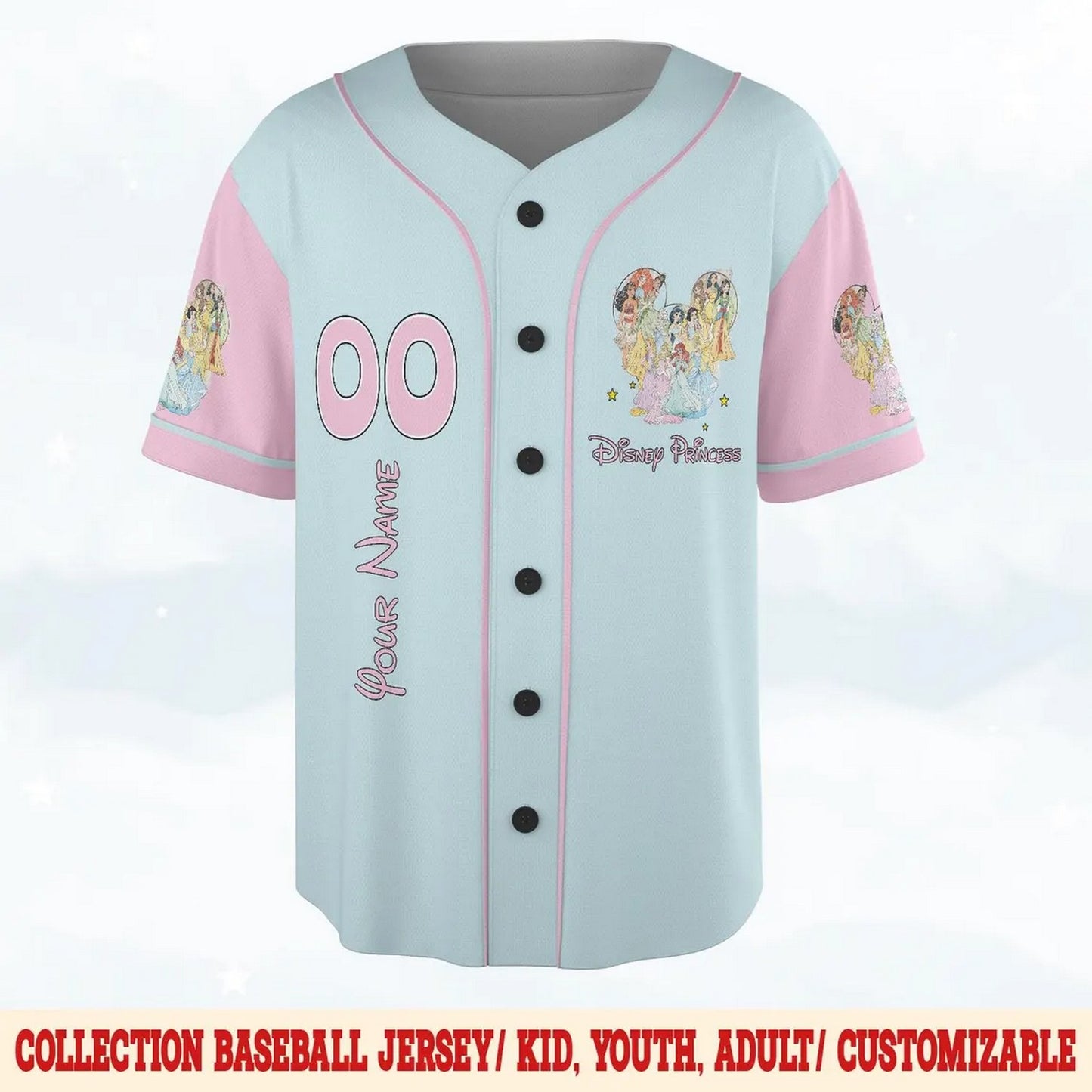 Custom Name Disney Castle Princess Light Blue Pink Baseball Jersey
