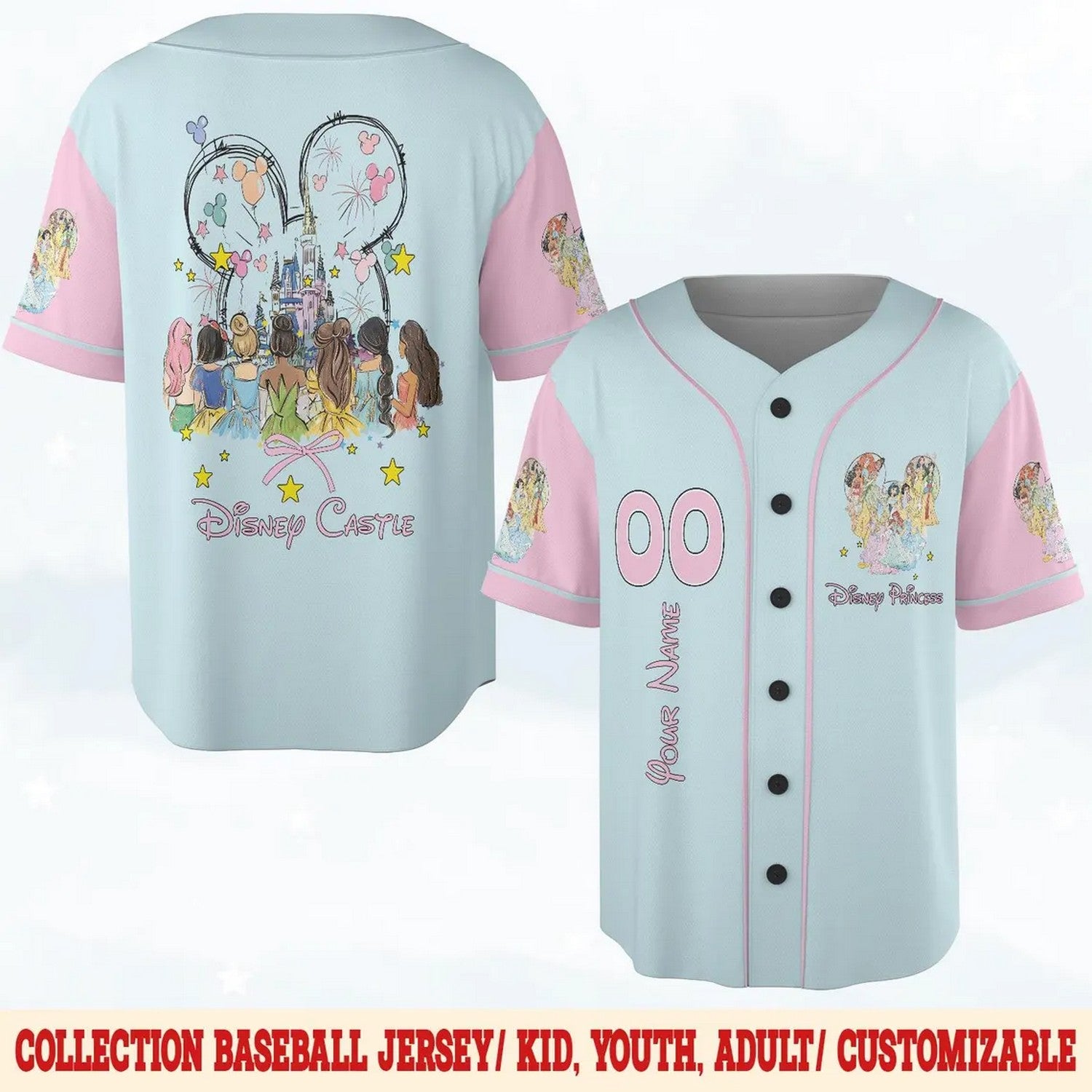 Custom Name Disney Castle Princess Light Blue Pink Baseball Jersey