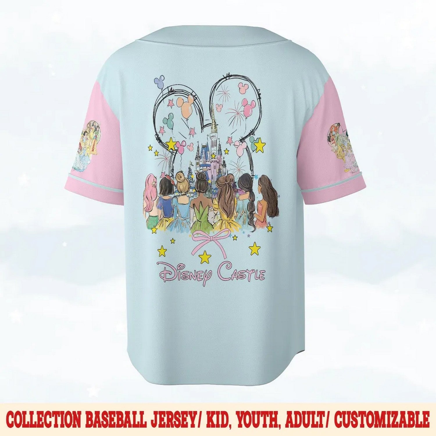 Custom Name Disney Castle Princess Light Blue Pink Baseball Jersey