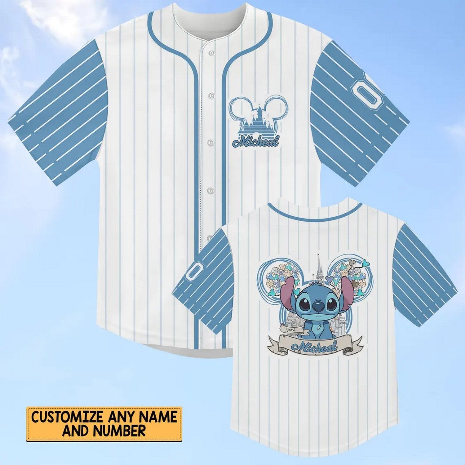 Custom Name Disney Cute Stitch Blue White Baseball Jersey