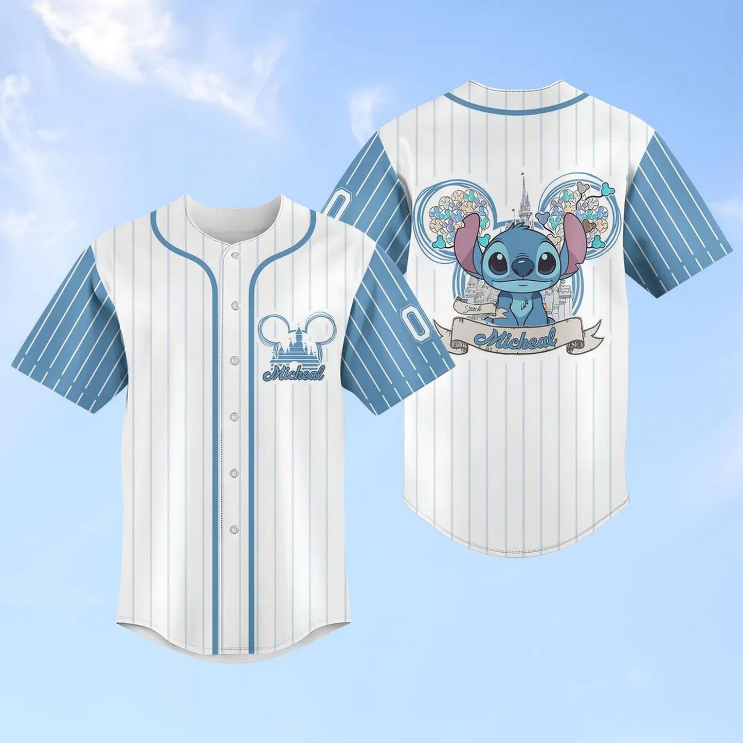 Custom Name Disney Cute Stitch Blue White Baseball Jersey