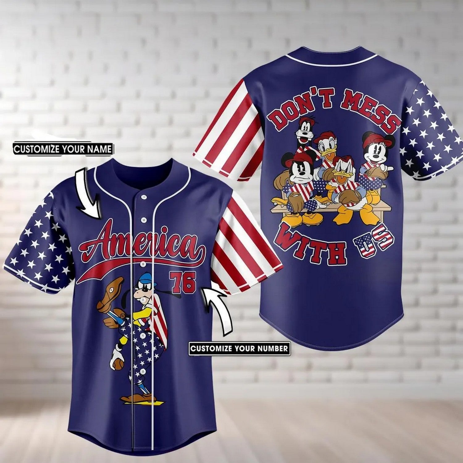 Custom Name Disney Goofy 4th Of July Dark Blue Baseball Jersey