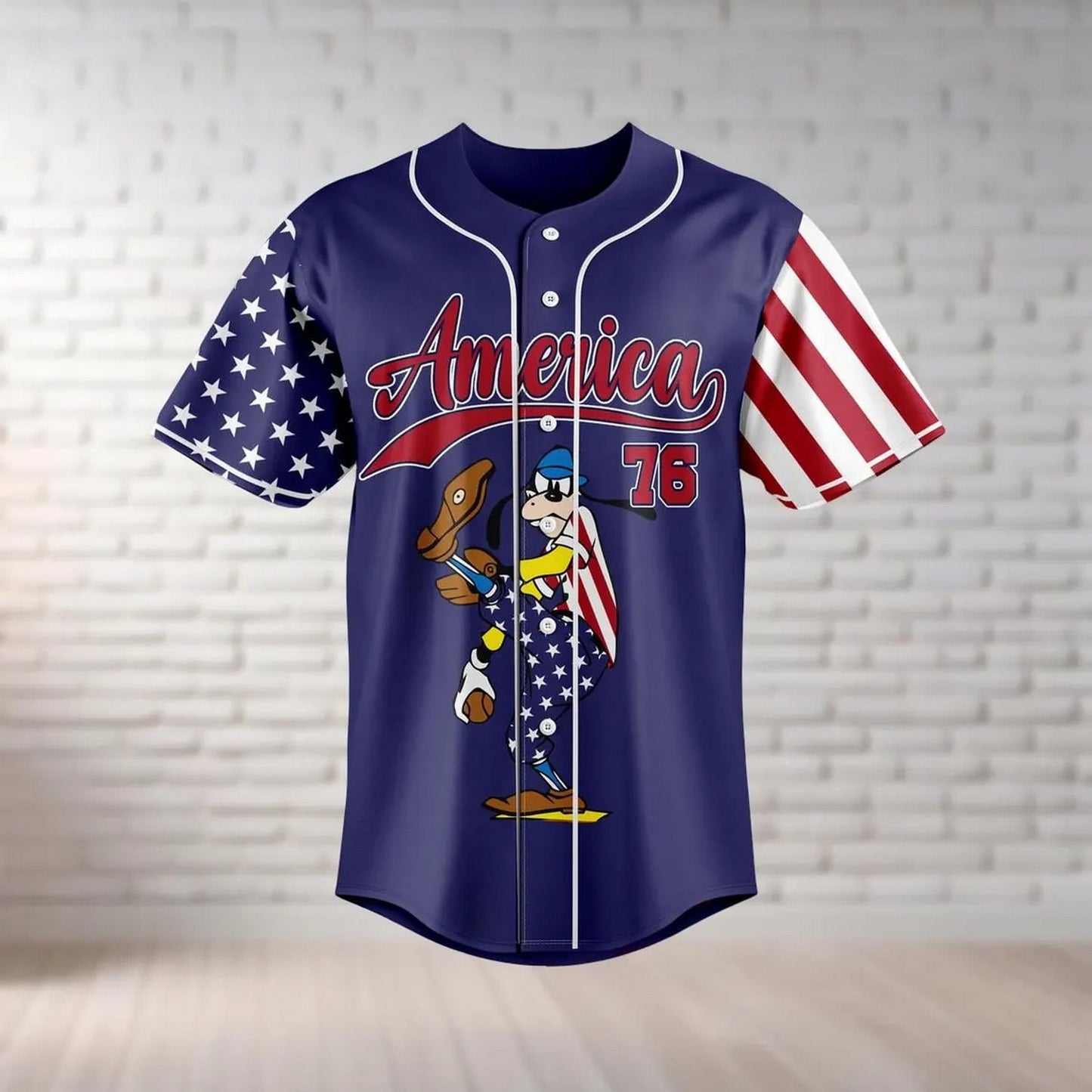 Custom Name Disney Goofy 4th Of July Dark Blue Baseball Jersey