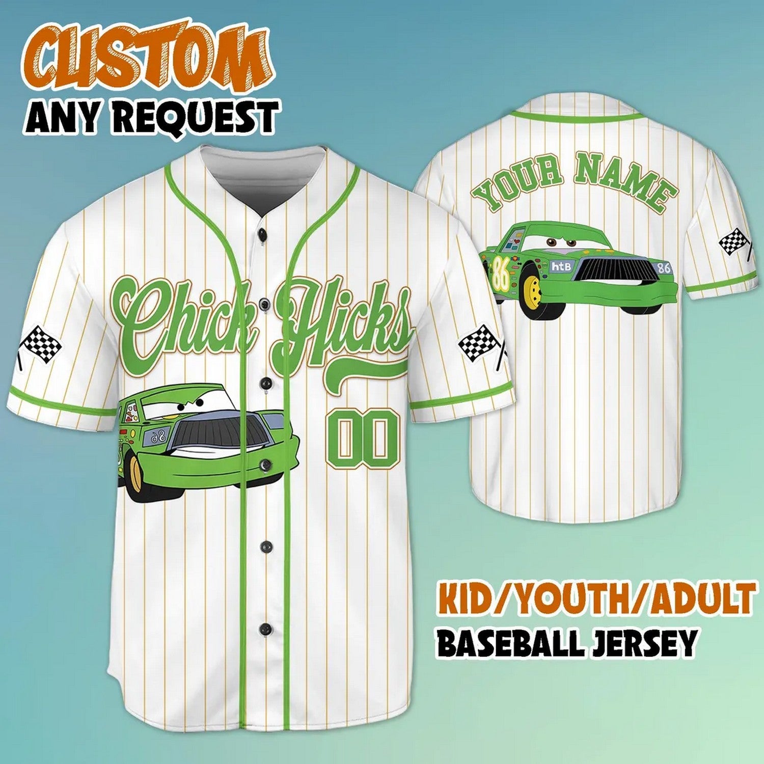Custom Name Disney Green Cars Chick Hicks Baseball Jersey