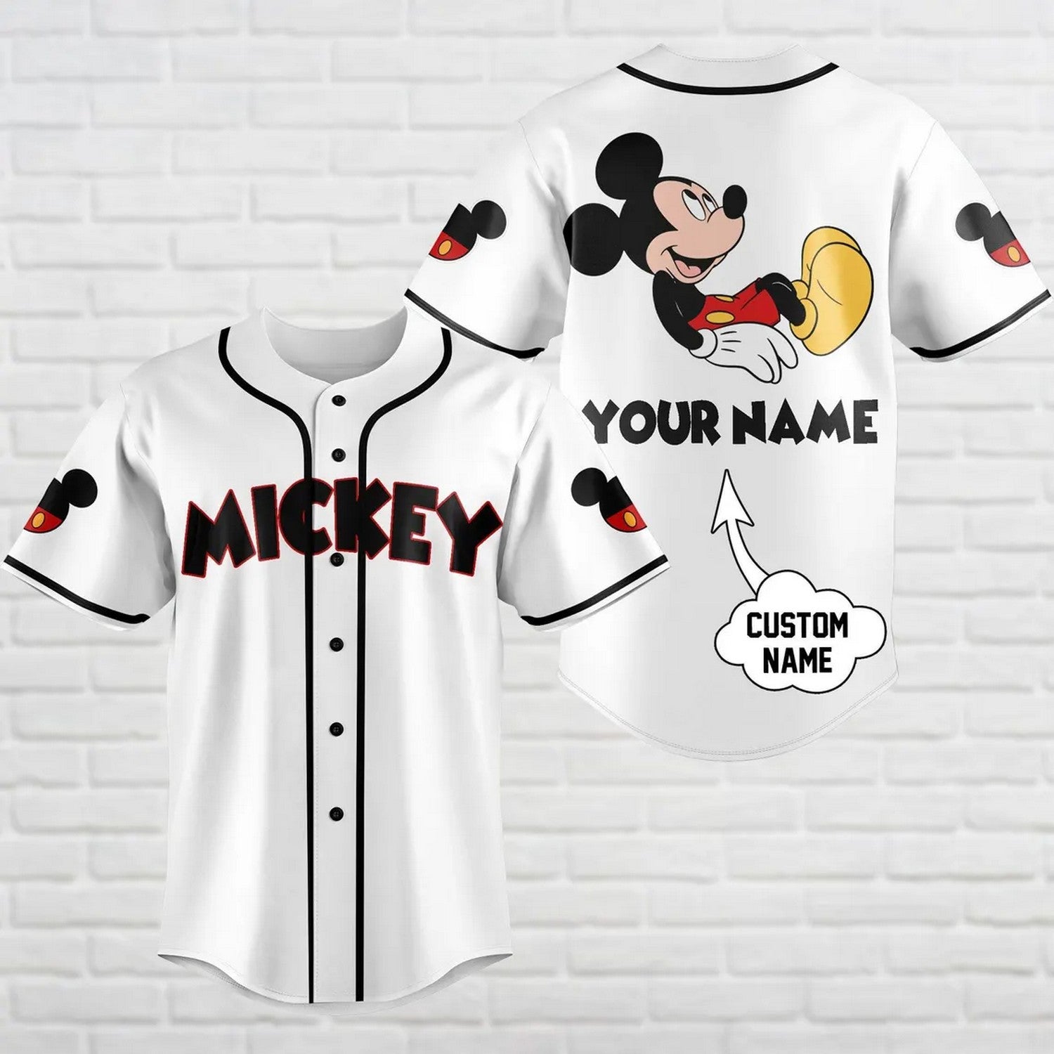 Custom Name Disney Mickey Simple White Baseball Jersey