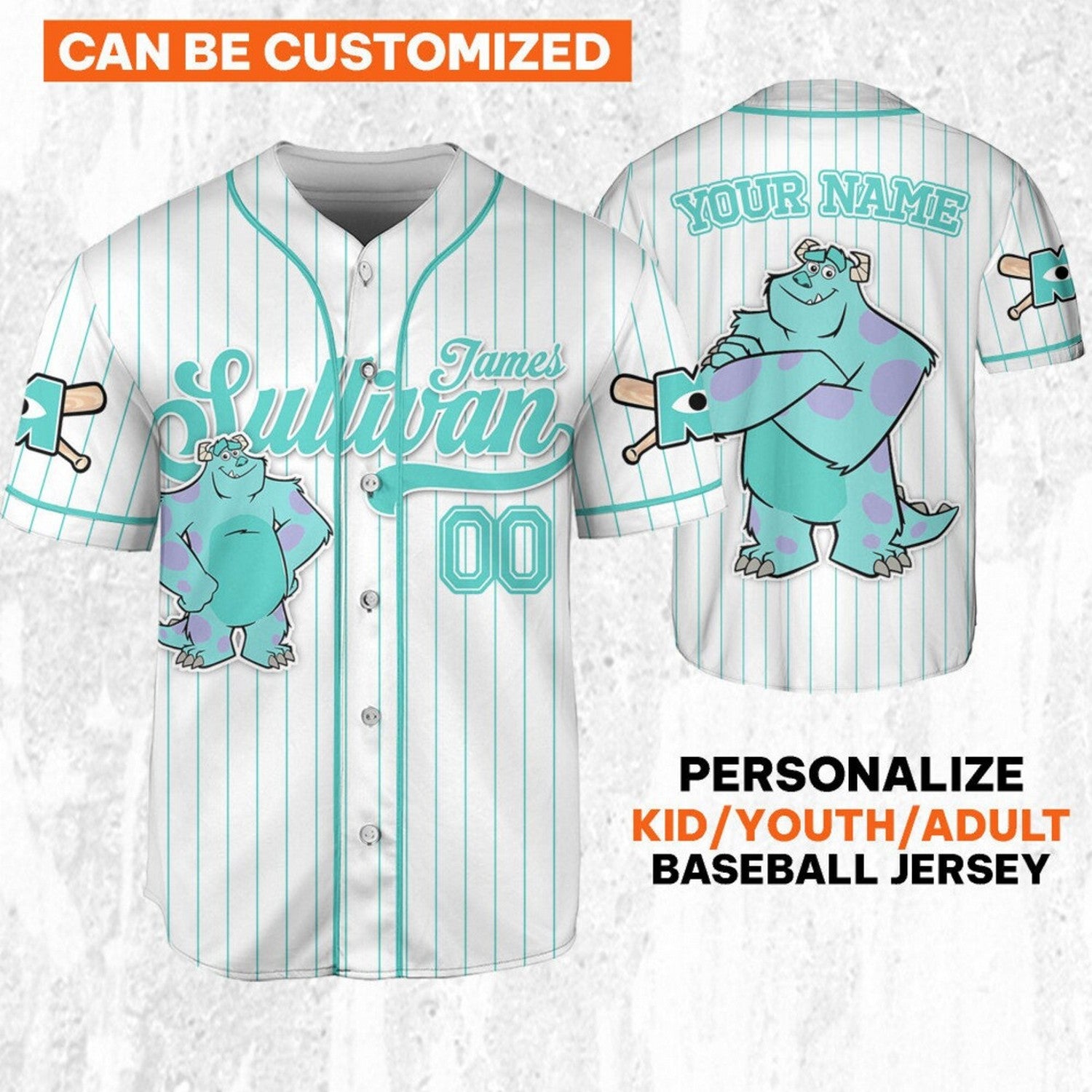 Custom Name Disney Monster Inc James Sullivan Baseball Jersey