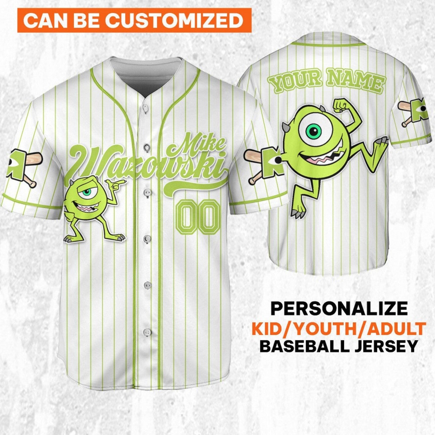 Custom Name Disney Monster Inc Mike Wazowski Baseball Jersey