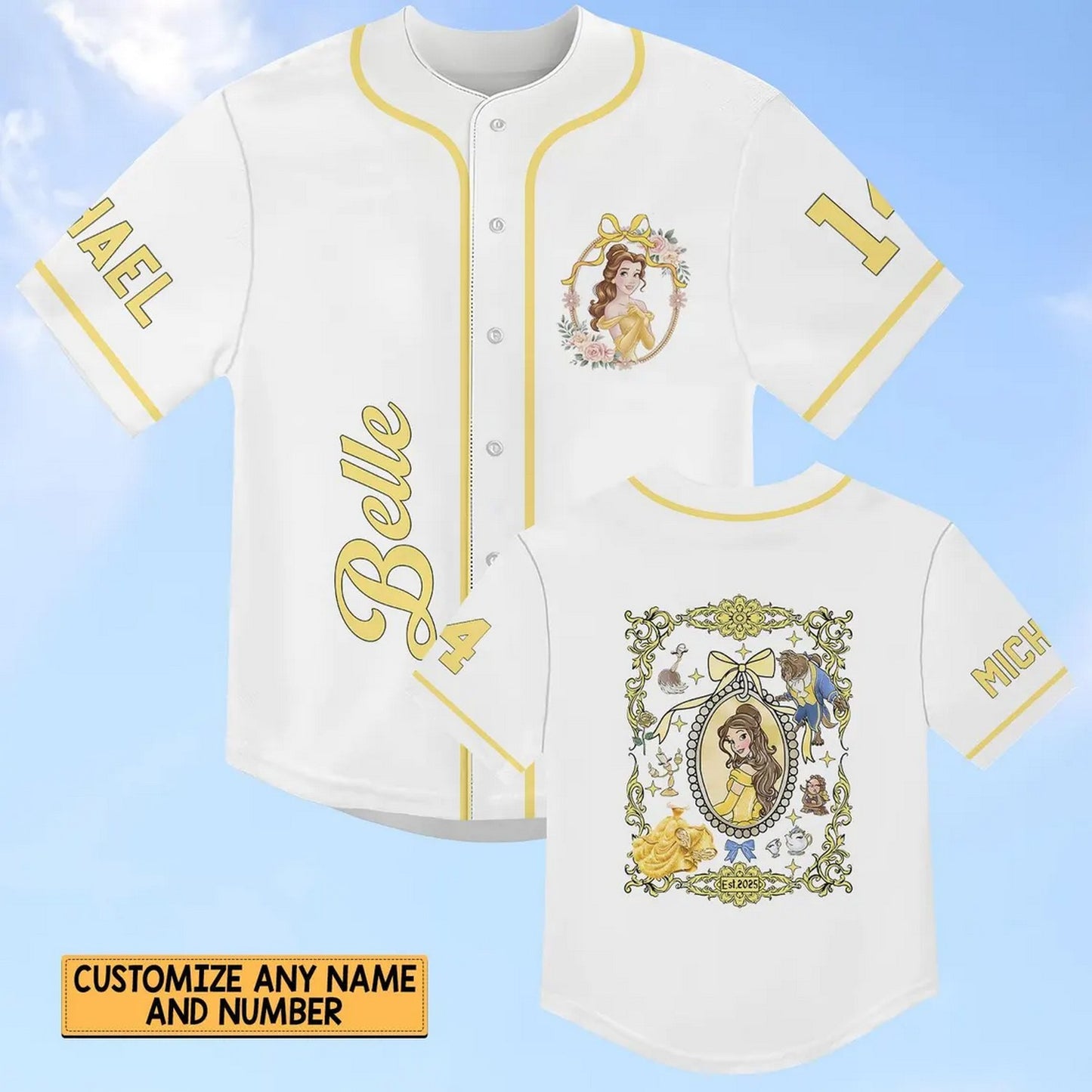 Custom Name Disney Princess Belle Simple White Baseball Jersey