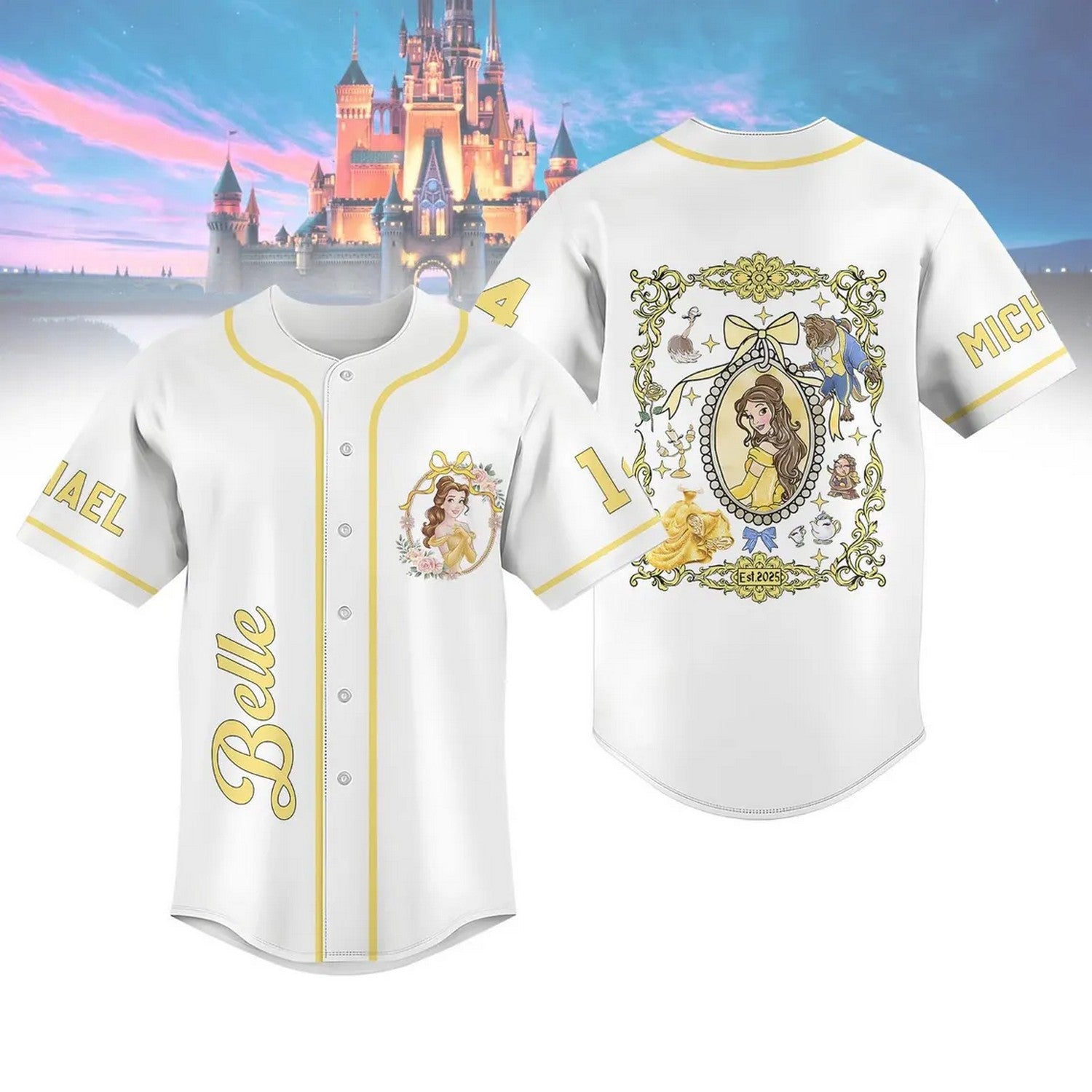 Custom Name Disney Princess Belle Simple White Baseball Jersey