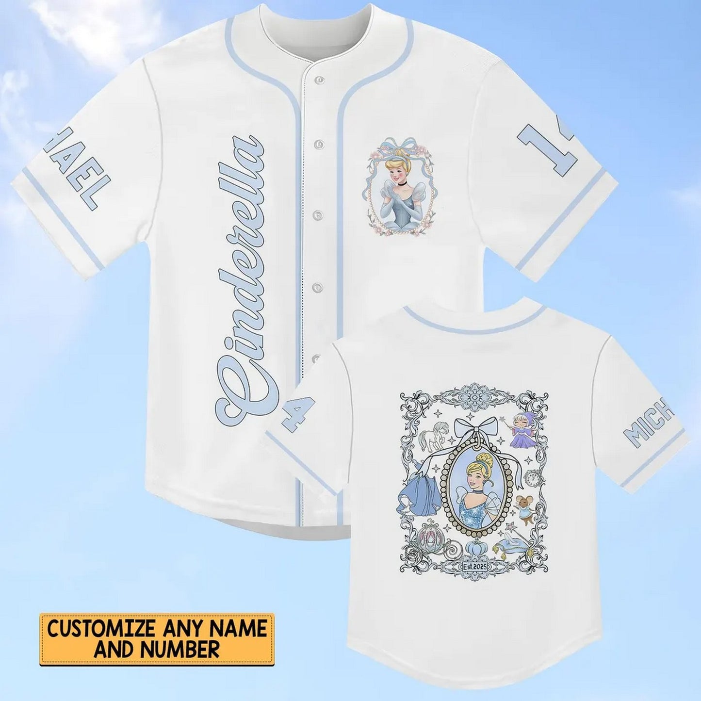 Custom Name Disney Princess Cinderella Simple White Baseball Jersey