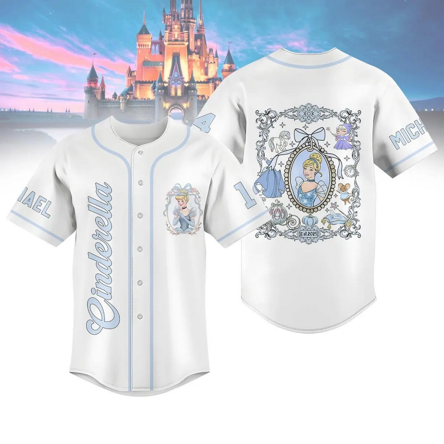 Custom Name Disney Princess Cinderella Simple White Baseball Jersey