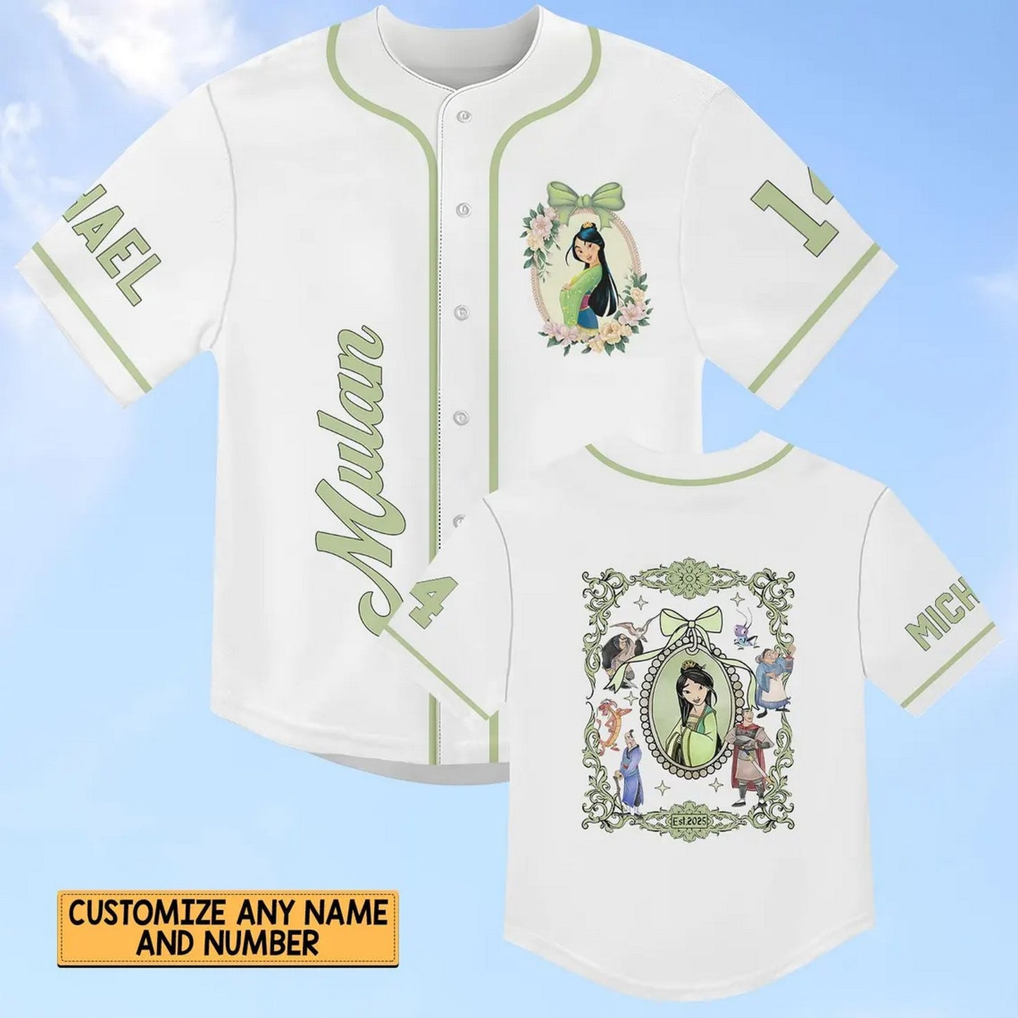 Custom Name Disney Princess Mulan Simple White Baseball Jersey